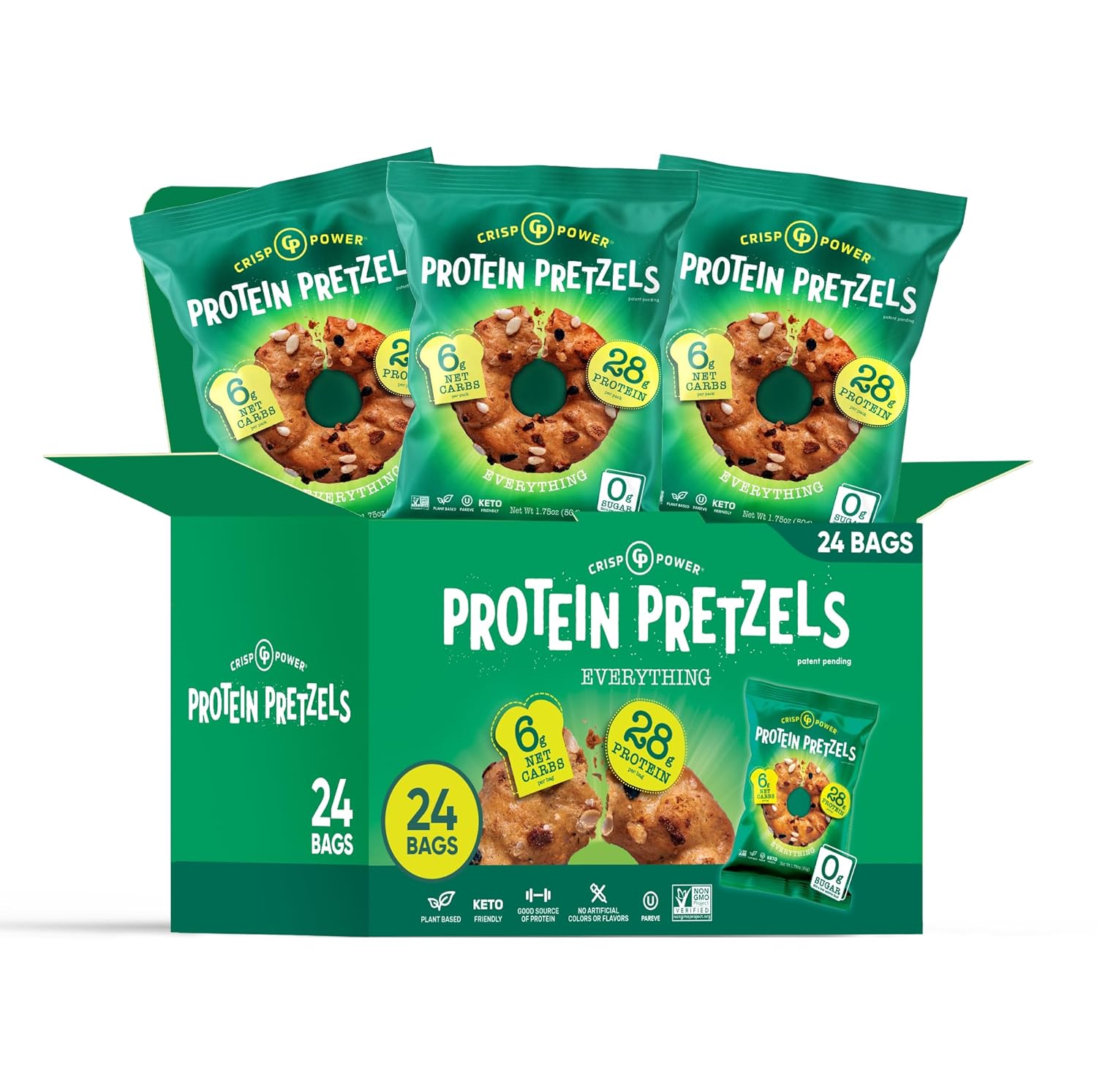 Crisp Power High Protein Pretzel Crisps – 6 Pack, 28g Protein, Plant-Based
