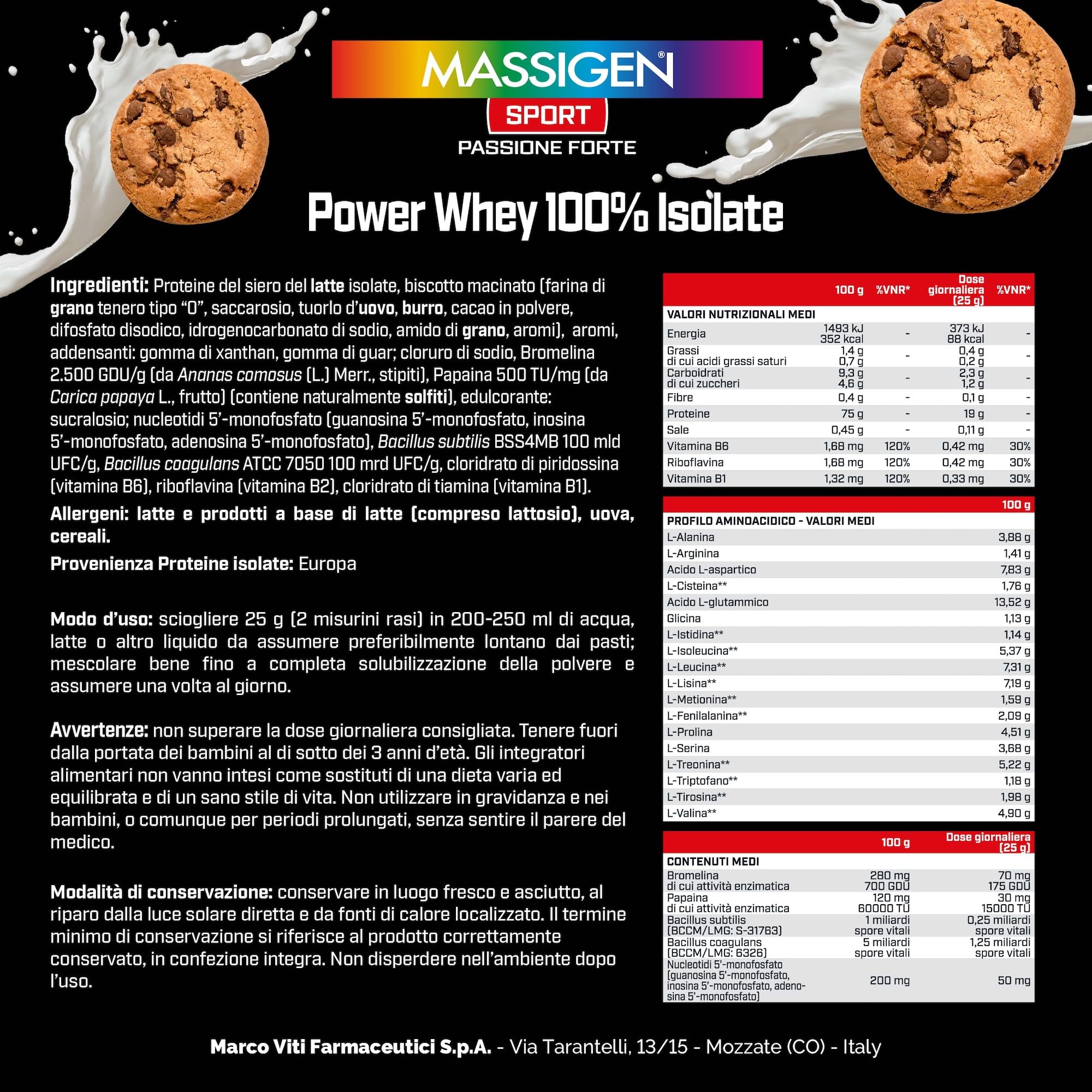 Mass Sport Power Whey 100% Isolate Cookies, 750 g, Integratore Proteico con Proteine del Siero del Latte Isolate, Ricco di Aminoacidi, 25 Dosi, Senza Glutine