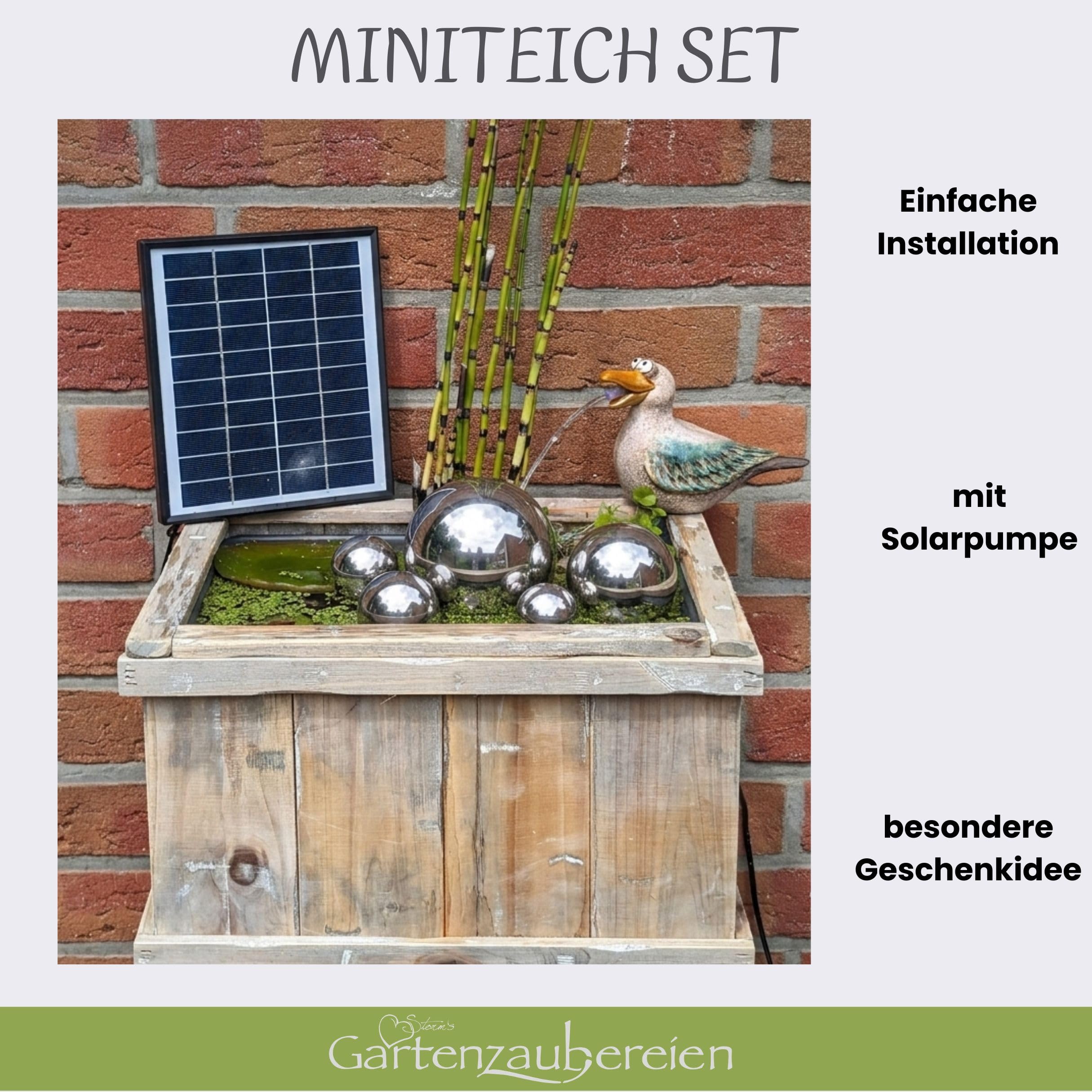 Storm's Gartenzaubereien Miniteich Komplettset - Wasserspeier Möwe - Solarpumpe mit Akku -Laufzeit ohne Sonne 4-5 Stunden - Inklusive Schwimmkugeln