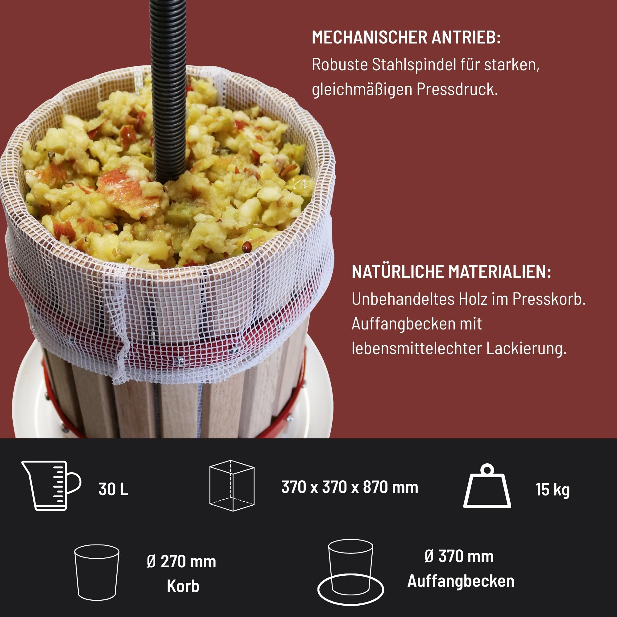 Güde Obstpresse OP 30 (30 Liter Presskorb aus unbehandeltem Holz, lebensmittelecht lackiertes Auffangbecken, 2-tlg. Pressteller, Presstuch aus Polyester, robuste Stahlspindel, fertig montiert)