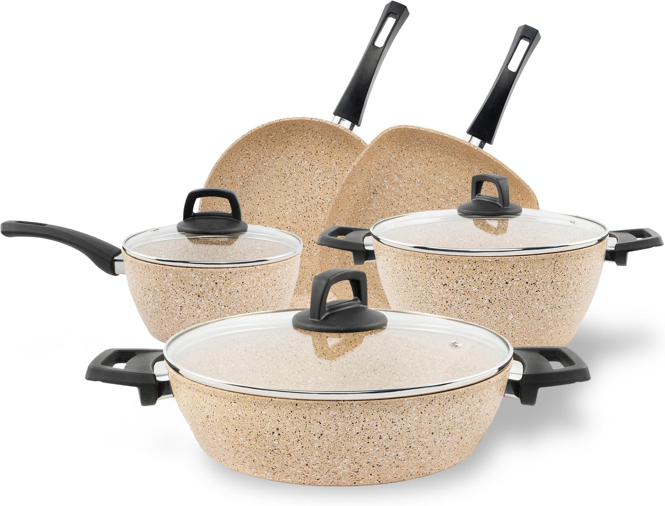 Premium Granite 8-PCS Cookware Set, Healthy, Safe, Eco-Friendly, Non-Stick, Durable. Set includes: 26cm Deep and Shallow Casseroles, 18cm Sauce, 26cm Fry and 28cm Grill Pans with Lids.