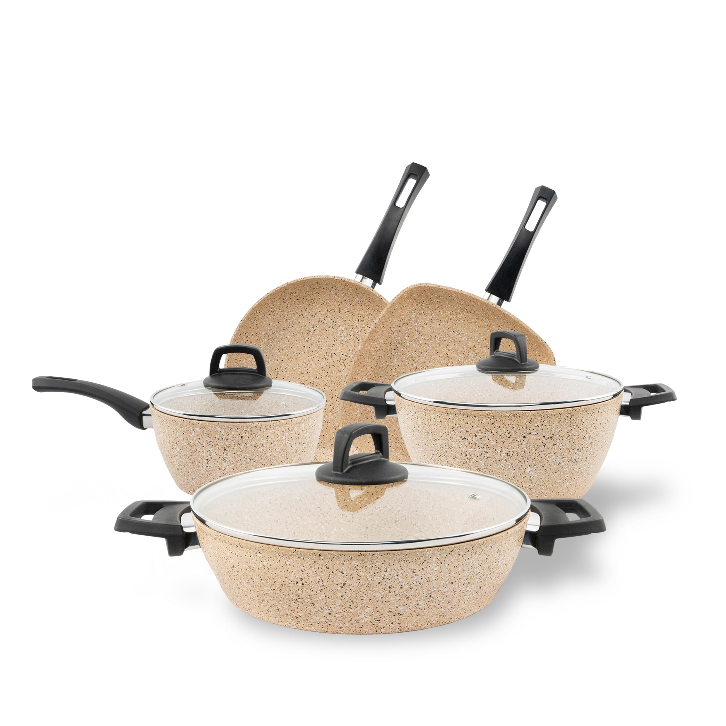 Premium Granite 8-PCS Cookware Set, Healthy, Safe, Eco-Friendly, Non-Stick, Durable. Set includes: 26cm Deep and Shallow Casseroles, 18cm Sauce, 26cm Fry and 28cm Grill Pans with Lids.