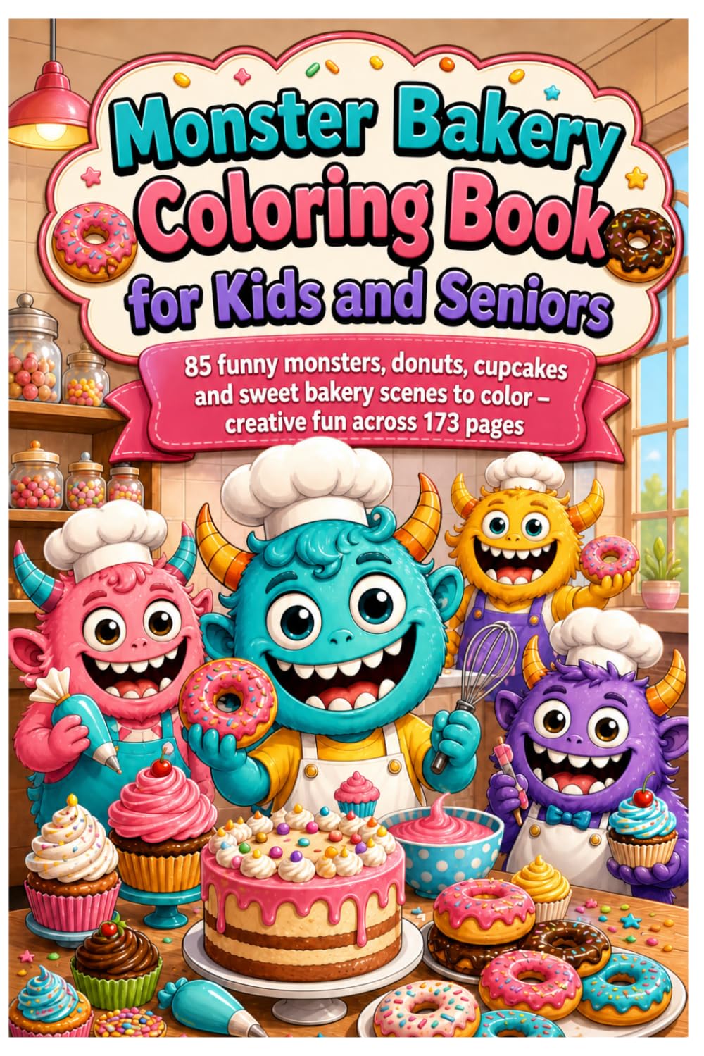 Monster Bakery Coloring Book for Kids and Seniors: 85 funny monsters, donuts, cupcakes and sweet bakery scenes to color – creative fun across 173 pages