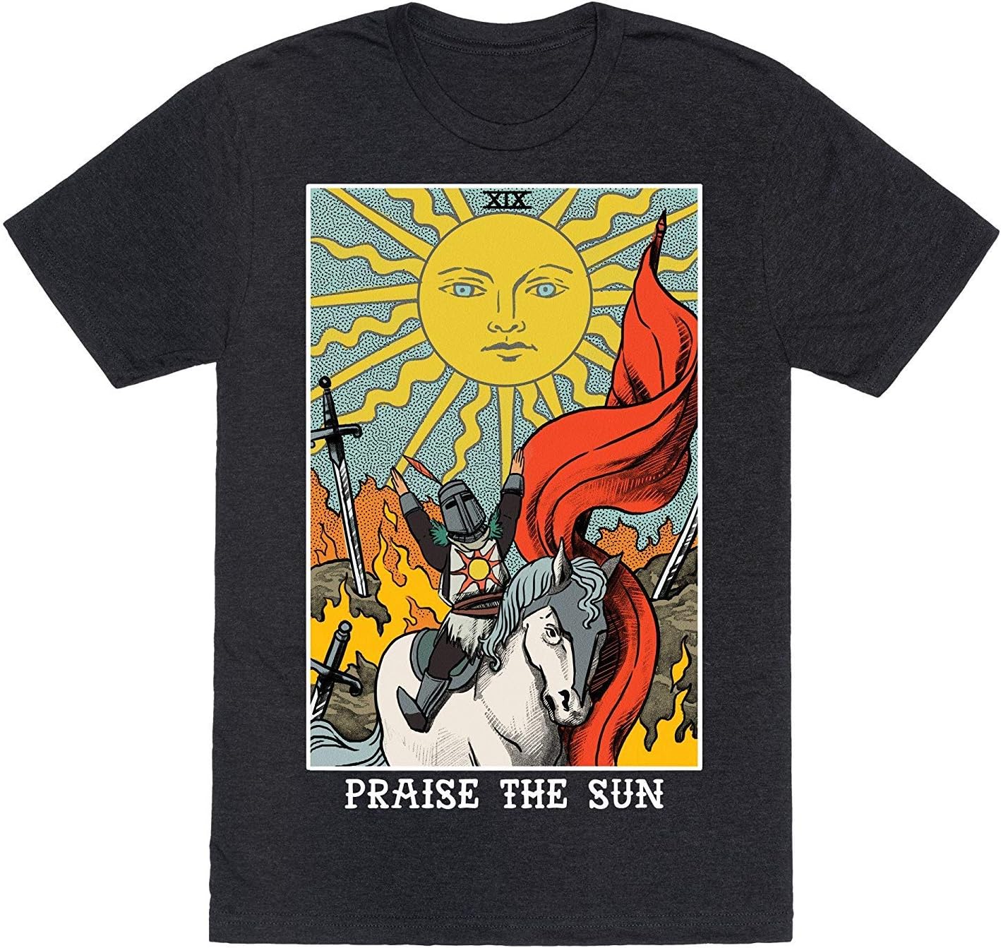 LookHUMAN Praise The Sun Tarot Card Heathered Black Medium Mens/Unisex Fitted Triblend Tee by