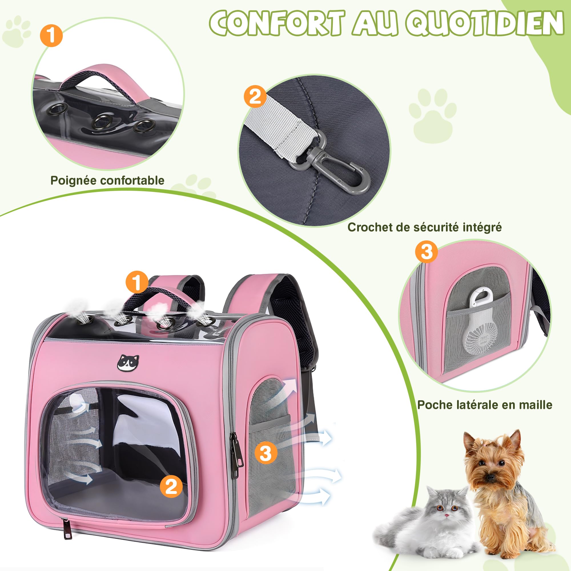 ALLSOPETS Sac à Dos pour Chien, avec Fenêtre Transparente, Rose Fleur | Sac à Dos Transport Respirant avec Crochet de Sécurité, Confortable pour Chats et Petits Chiens en Voyage, Extérieur Aventure