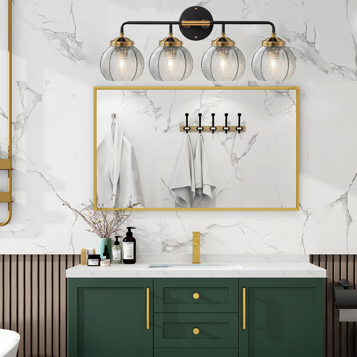 Image of 4-Light Bathroom Vanity Light Black Wall Light Sconces with Smoky Gray Glass Shade Mid Century Bathroom Wall Lights Fixtures Modern Vanity Lamp for Over Mirror Living Room Cabinet