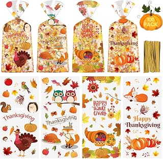 Litmitfu 100 Pcs Happy Thanksgiving Treat Bags - Plastic Fall Thanksgiving Gift Bags, Clear Autumn Goodie Candy Favor Cellophane Bag with Gold Twist Ties for Thanksgivings Party Favors Supplies