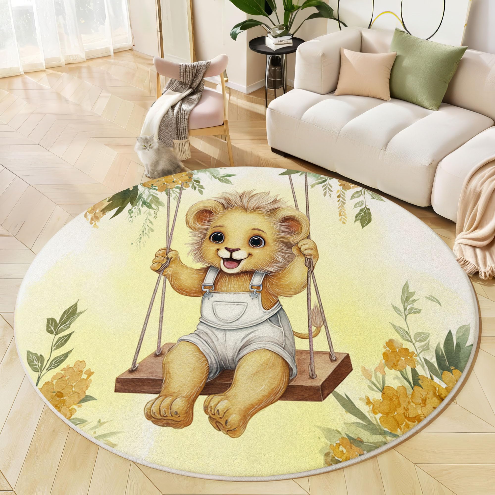 Tapis de chambre rond haut de gamme jaune-vert au design forêt animale