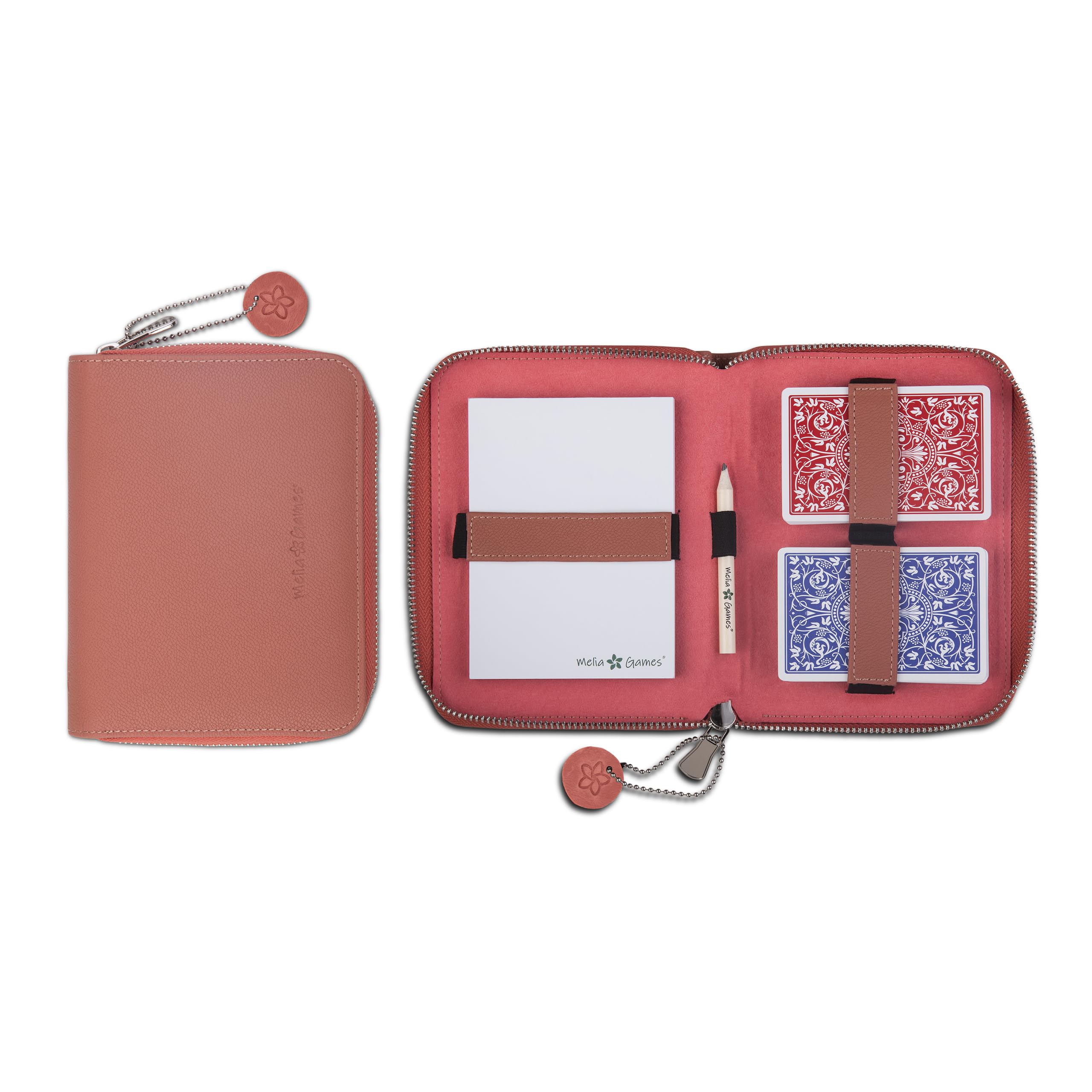 Playing Cards Set Deluxe - Pochette en Cuir Véritable Fait Main - Set de Voyage INCL. 2 Jeux de Cartes, Block-Note, Crayon (Designer Edition) (Coral Red)