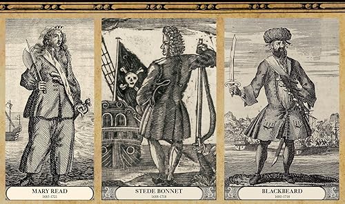 Miniatura 3 de Póster de mapa pirata 24x36". Mapa histórico de arte vintage de la Edad de Oro de los Piratas. Barbanegra, bandera esquelética, mujeres, espadas,