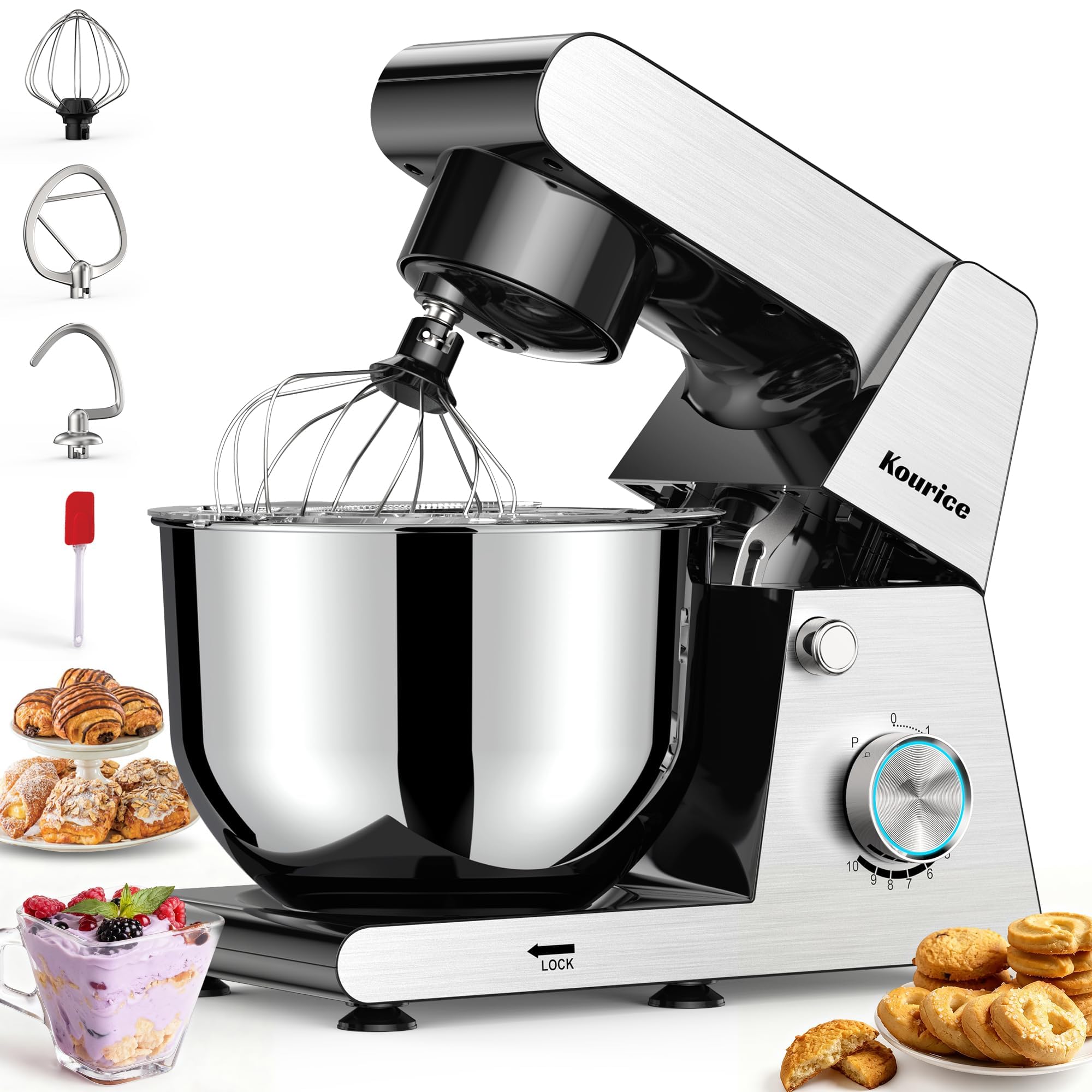 6.5QT Tilt-Head Stand Mixer, Heavy Duty Pro 10-Speed Electric Mixer, Stainless Steel Cladding &amp; Bowl with Dough Hook, Wire Whisk and Flat Beater for Home Baking, Bread, Cake, Pizza Dough