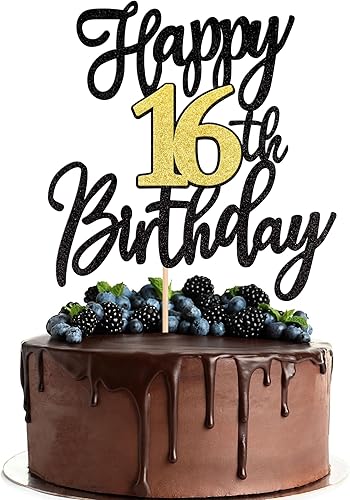 1 pieza de decoración para pastel de cumpleaños número 16, color negro y dorado con purpurina para felicitaciones a los 16 años de cumpleaños, 16