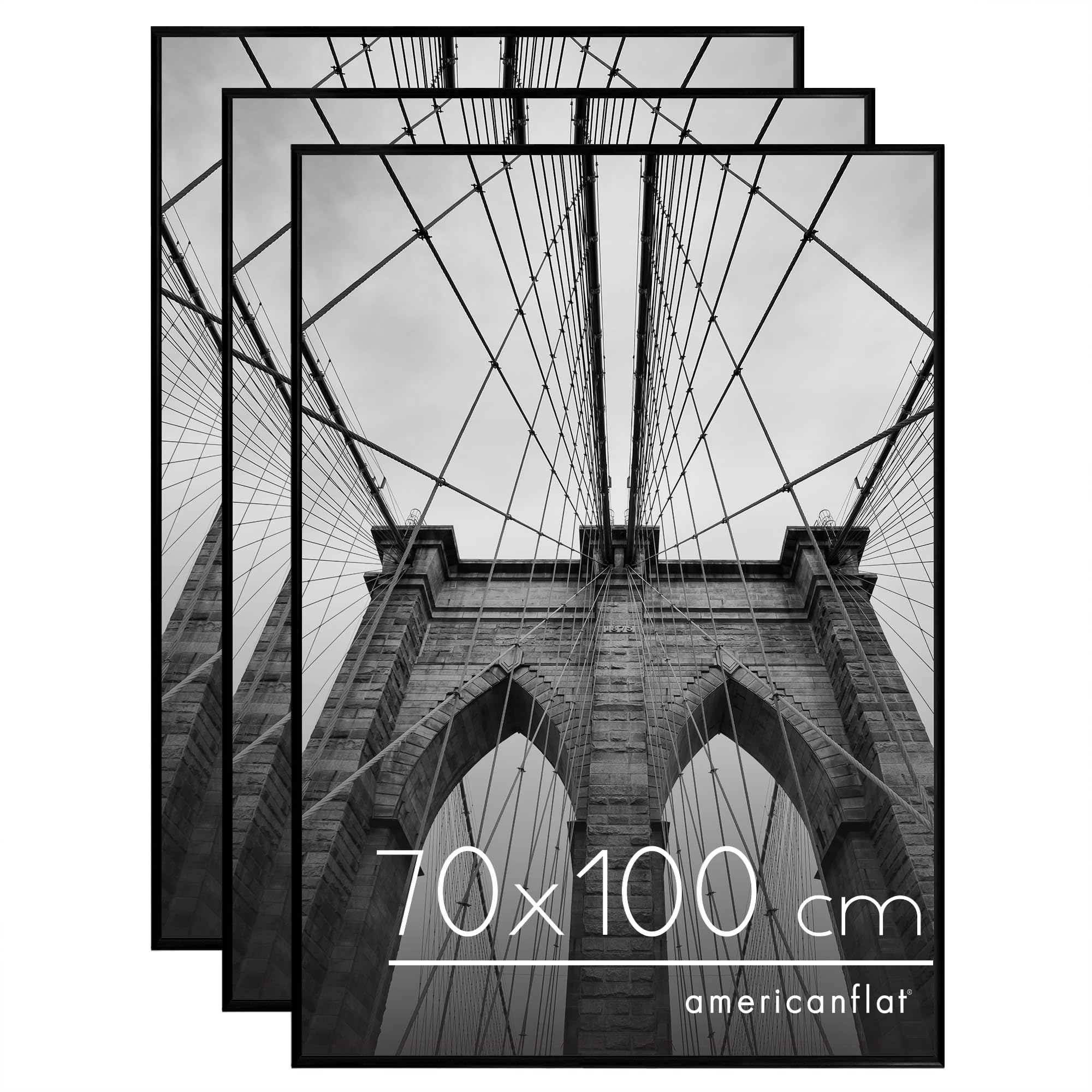 Americanflat Marco de Fotos de 70x100 cm en Negro - 3 Unidades - Marco para Póster de 100x70 cm con Finos Bordes, Cubierta de Plástico Resistente y Accesorios para Colgar Horizontal y Vertical
