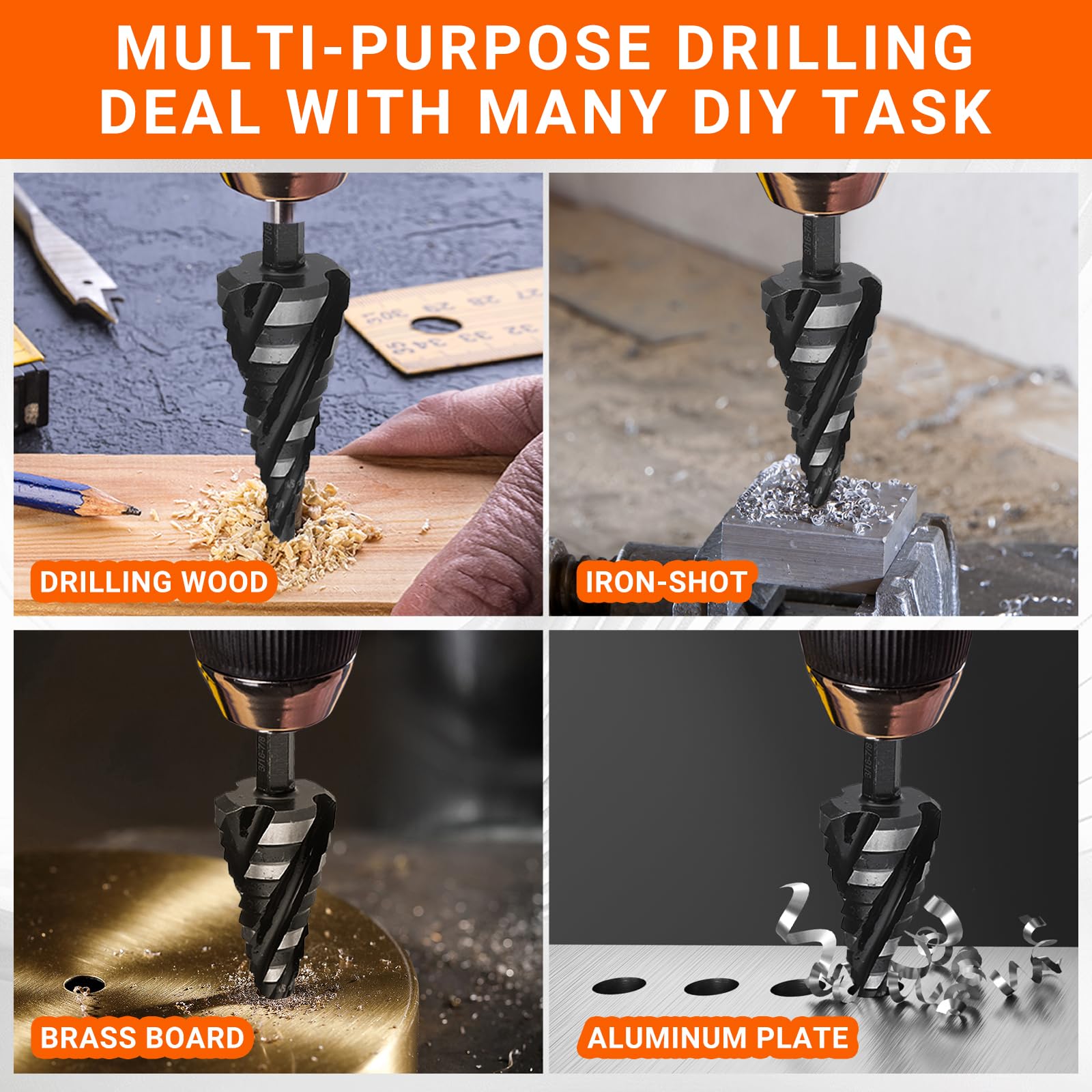 Step Drill Bit Set, 5 Pieces, Metal Cone Drill Bit with Aluminium Box, Multi-stage Drill, Angled Step, for Stepping and Deburring of Metal and Plastic Step Drill Bit Set, 5 Pieces, Metal Cone Drill Bit with Aluminium Box, Multi-stage Drill, Angled Step, for Stepping and Deburring of Metal and Plastic