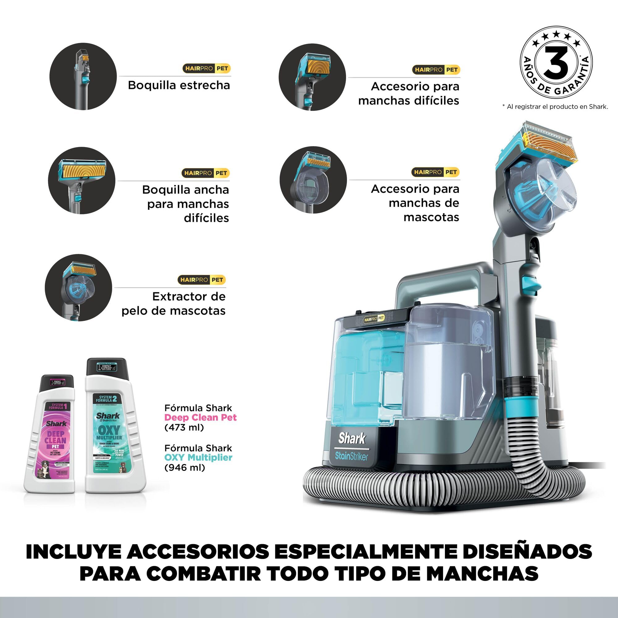 Shark StainStriker HairPro Pet Limpiador Portátil para Manchas y Pelo de Mascota - Succión de 450 W y Herramienta Extractora de Pelo - Incluye 4 Accesorios y 2 Soluciones de Limpieza - Gris, PX250EUCP