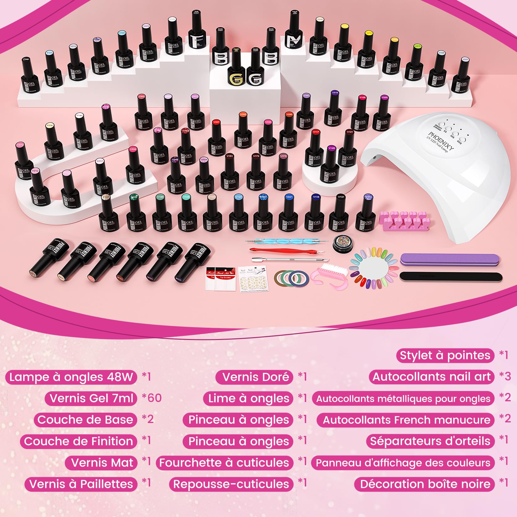 Phoenixy Kit Ongle Gel U V Complet, 60 Couleurs Kit Vernis Semi Permanent avec 48W Lampe à Ongles U V/LED Base et Top Coat Kit de Manucure Cadeaux pour Femmes