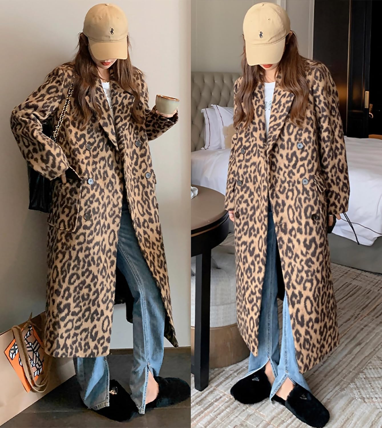 utcoco Womens Leopard Long Wool Trench Coat Notched Lapel Double Breasted Pea Coat Winter Warm Overcoat - Image 5
