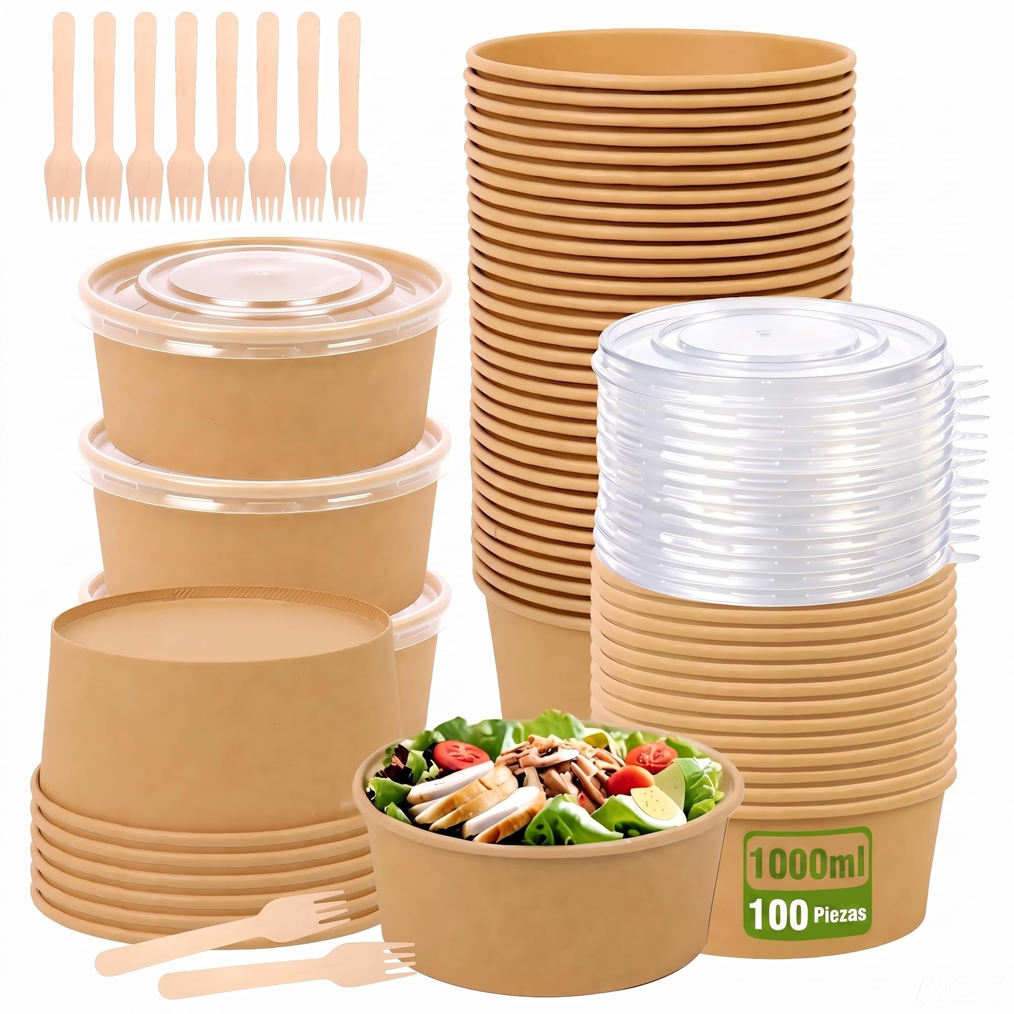 Tazón desechable de ensalada de papel kraft con tapa hermética y tenedor integrado de 1000ml