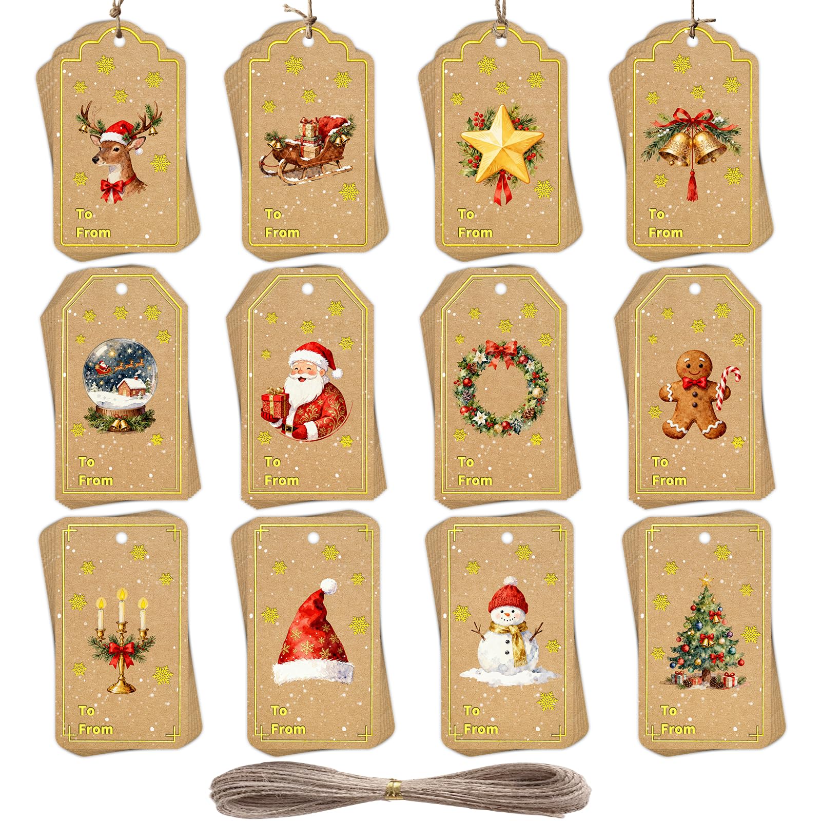 GULWAT 72 PCS Christmas Gift Tags 12 Styles Kraft Paper Gold Foil Printing Holiday Presents Tags with String, Hanging Name Labels for DIY Xmas Arts