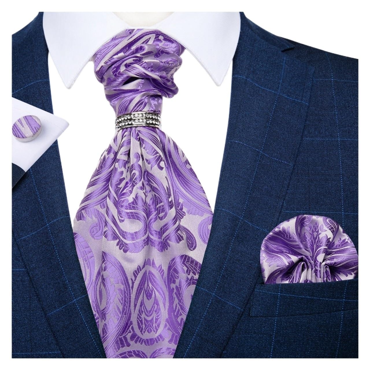 CSFFA Men Luxury Silver Silk Tie Set Wedding Party Cravat White Ties Handkerchief Cufflinks Necktie Ring Sets(AS-2090-04)