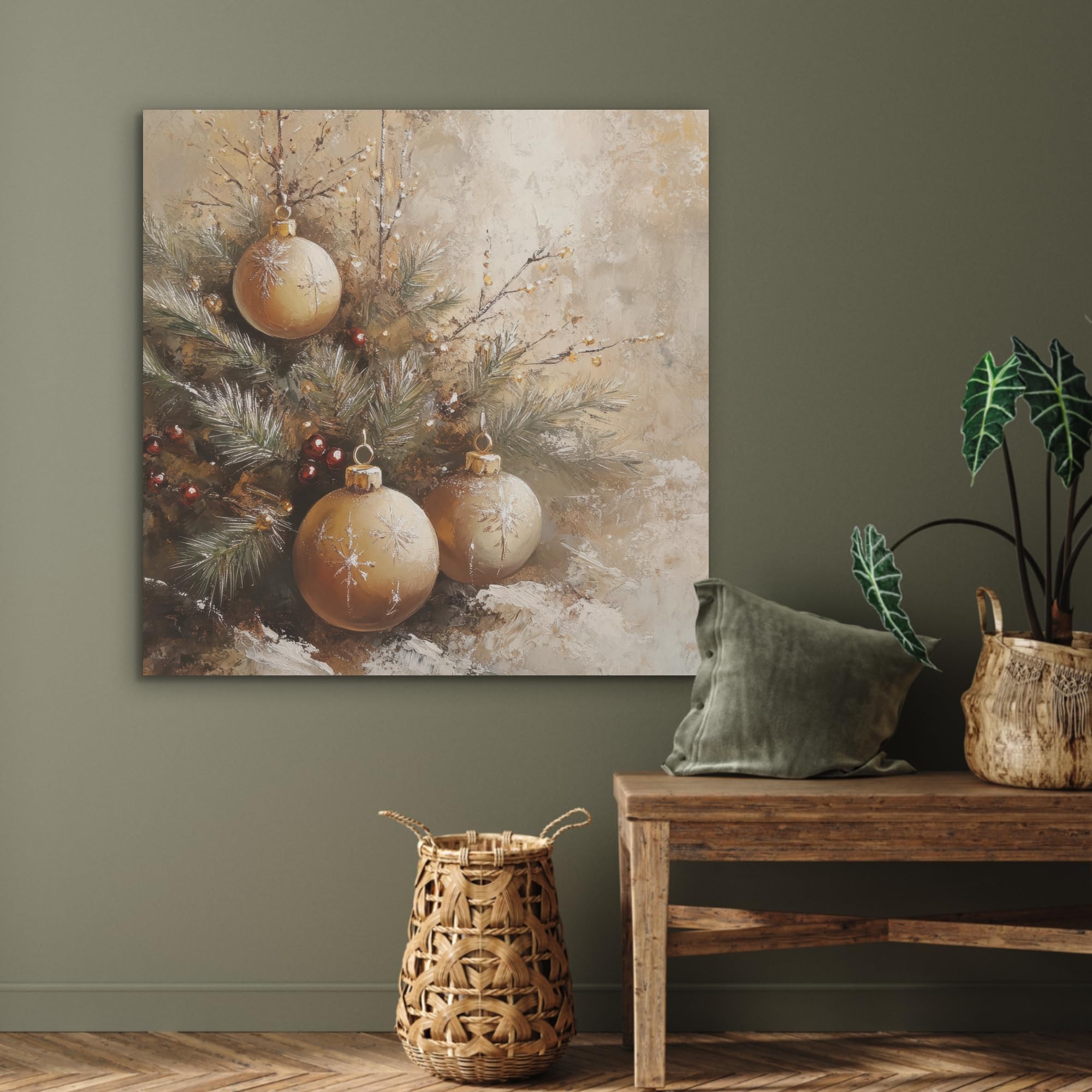 MuchoWow© Bilder aus Filz 90x90 cm Wohnzimmer Deko Modern Wandbild Kunstdruck Bild Schlafzimmer über Bett Room Decor Geschenke Weihnachten - Weihnachtskugeln - Beige - Gold