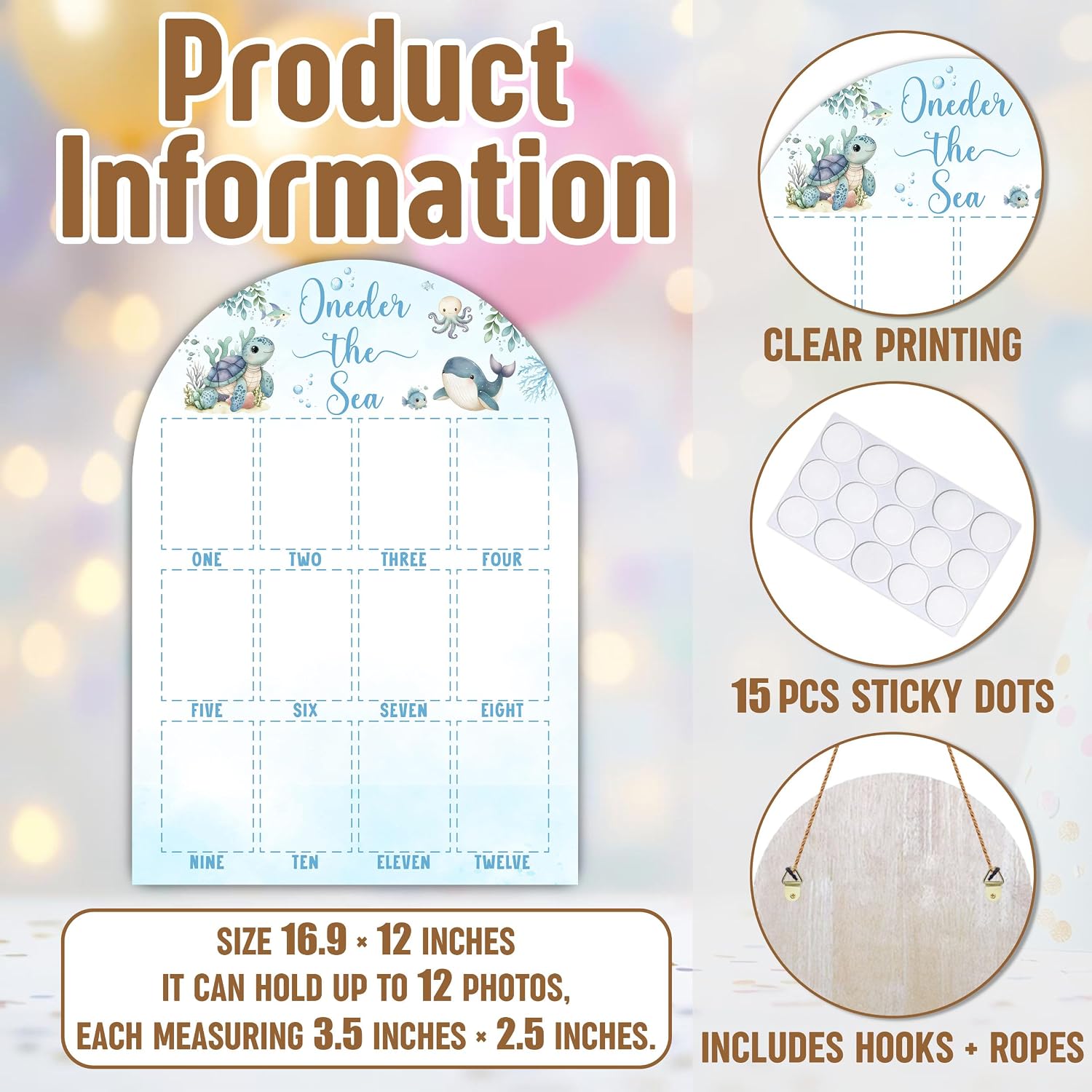 Blue Ocean My First Year Photo Board, Oneder The Sea Birthday Decoration Photo Frame, 12 Monthly Baby Milestone Sign, Ocean Nursery Decor for Girl Boy, Gender Neutral Baby Keepsake Gifts-A16