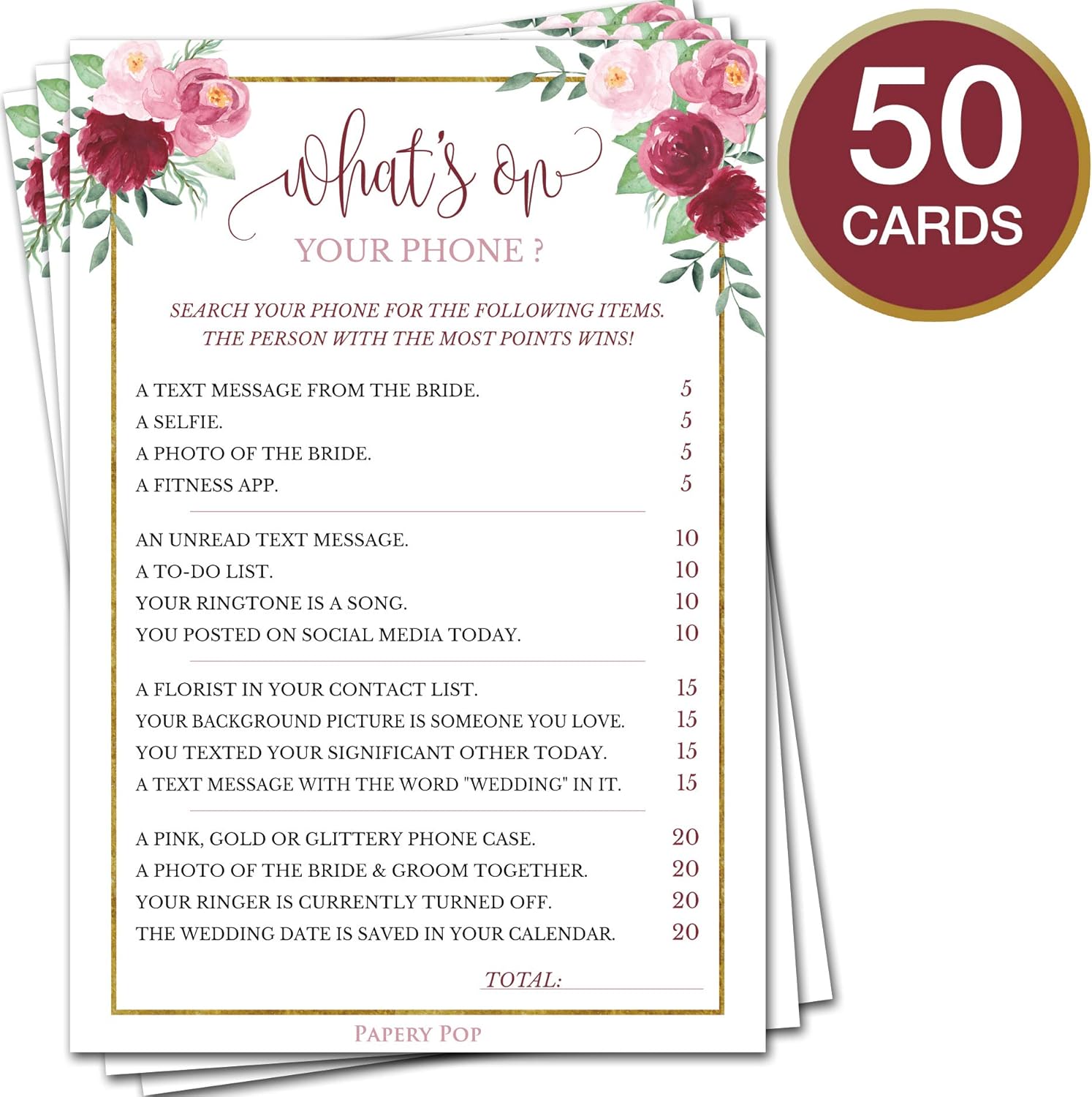 Bridal Shower Games - Wedding Shower Games - Set of 5 Activities - (50 Cards Each, 250 Total) - Bridal Shower Supplies - Rose Gold: Toys & Games