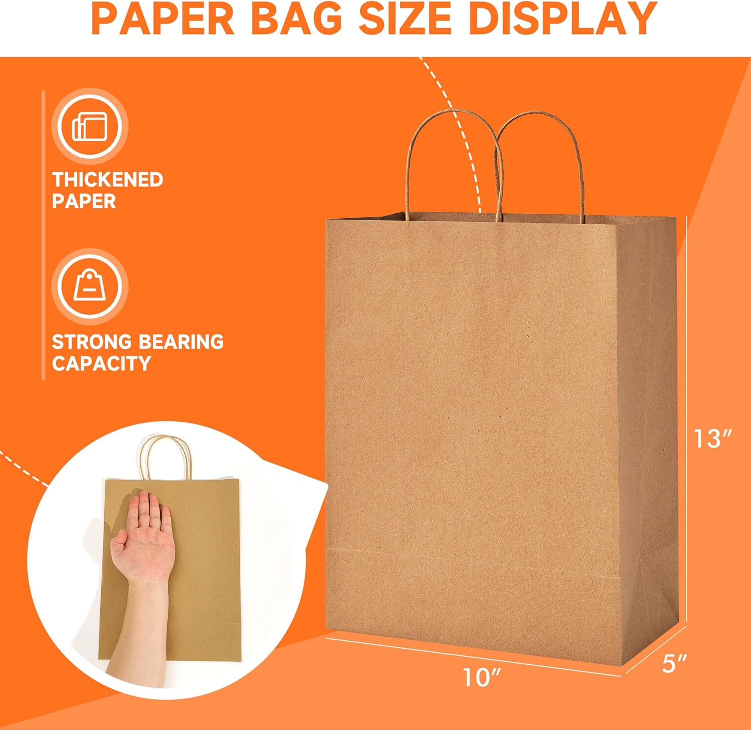 METAPRINT 100pcs Large Brown Paper Bags with Handles in Bulk, 10x5x13 Kraft Gift Bags, Recyclable Shopping Bags for Retail, Birthday, Parties & Weddings - Image 2