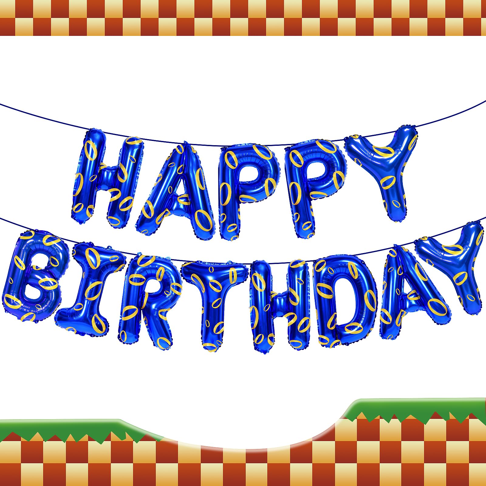 Cartoon Blue Hedgehog Theme Happy Birthday Banner Party Decorations Supplies Blue and Gold Ring Print Balloons Letters Signs Backdrop for Boys Kids