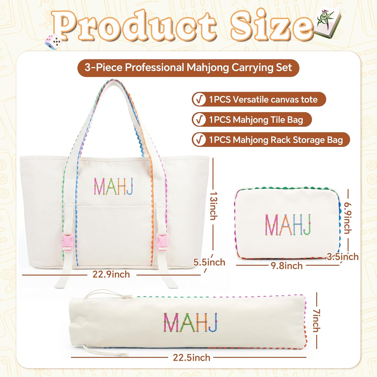 3 Pcs Mahjong Bag Set for American Tiles and Racks, Canvas Tote with Mat Holder, Structured Tile Pouch & Rack Sleeve, Empty Mah Jongg Storage Carrying Case for Pushers, Travel Game Night, Case Only