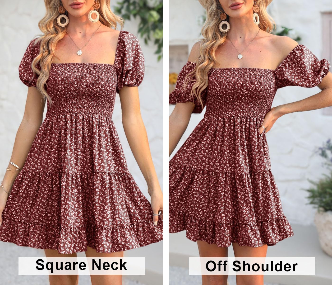 Veatzaer Women's Puff Sleeve Square Neck Smocked Babydoll Dress Boho Floral Print Off Shoulder Ruffle Mini Short Dress - Image 5