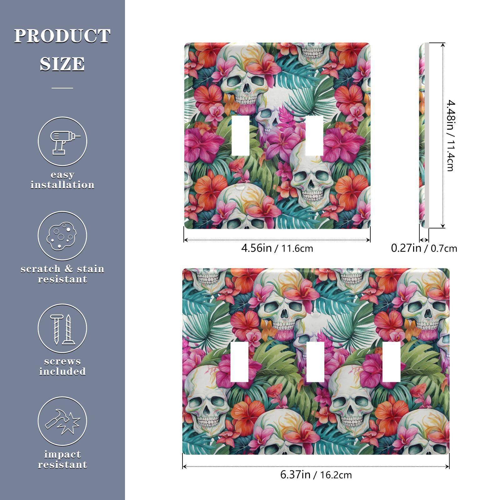 Light Switch Cover Tropical Flower Skull Wall Plates for Electrical Outlets 3 Gang 202b3364