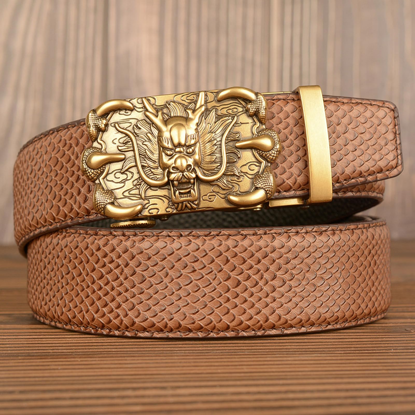 Cinturón De Trinquete Deslizante Cuero Con Patrón Piel Serpiente Dragón Grabado Hebilla Automática Estilo Occidental 125 Cm Marrón