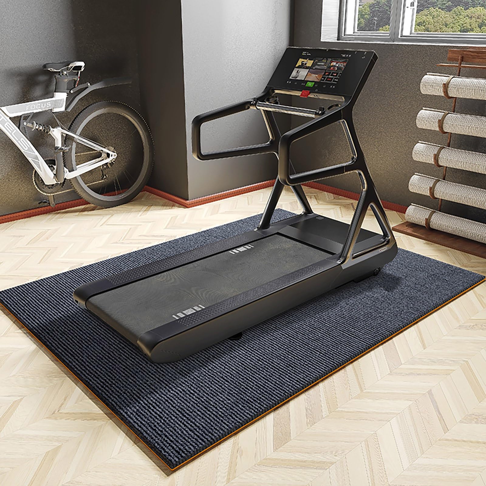 Tappetino per tapis roulant, tappetino protettivo per attrezzature sportive, base in gomma antiscivolo, materiale in poliestere, assorbimento degli urti, insonorizzazione, resistenza all'abrasione