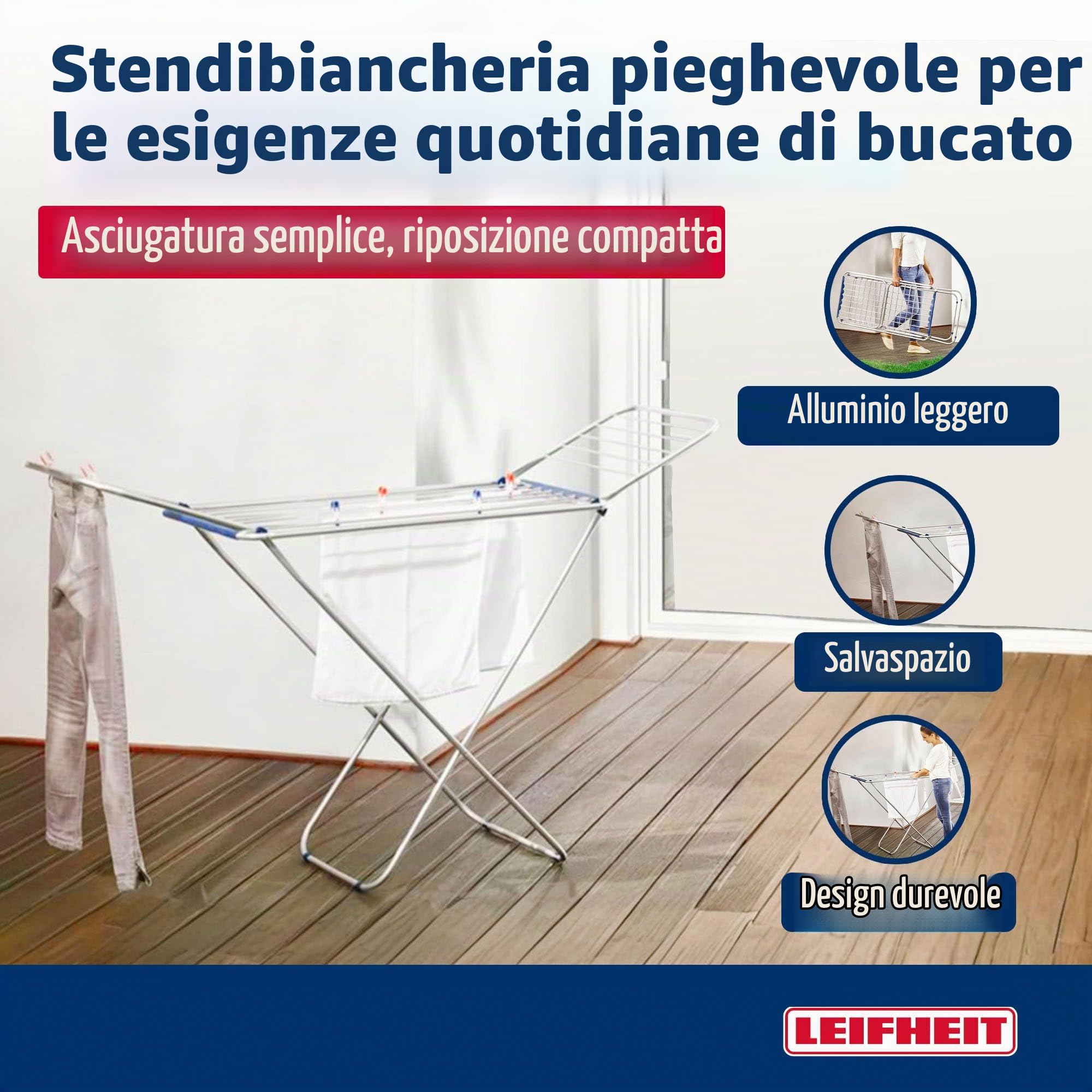 Leifheit Stendibiancheria Classic Siena 180 Easy, Alluminio 18 m | Per interni ed esterni, 2 kg ultraleggero, ali alte 112 cm per capi lunghi, spazio per 2 carichi di bucato