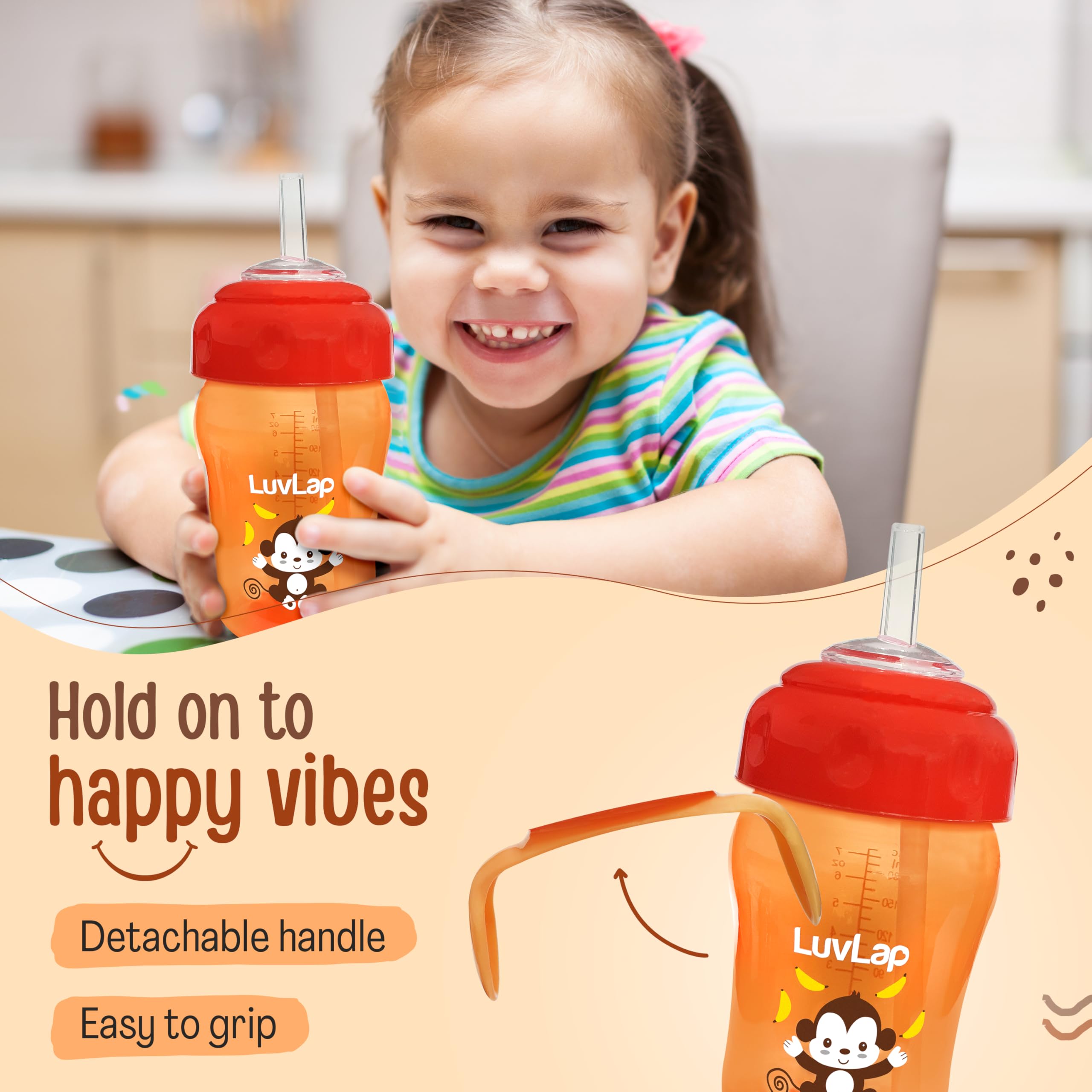 LuvLap Banana Time 210ml Anti Spill, Interchangeable Sipper / Sippy Cup with Soft Silicone Spout and Straw BPA Free for Kids 1 year+ (Orange) 3