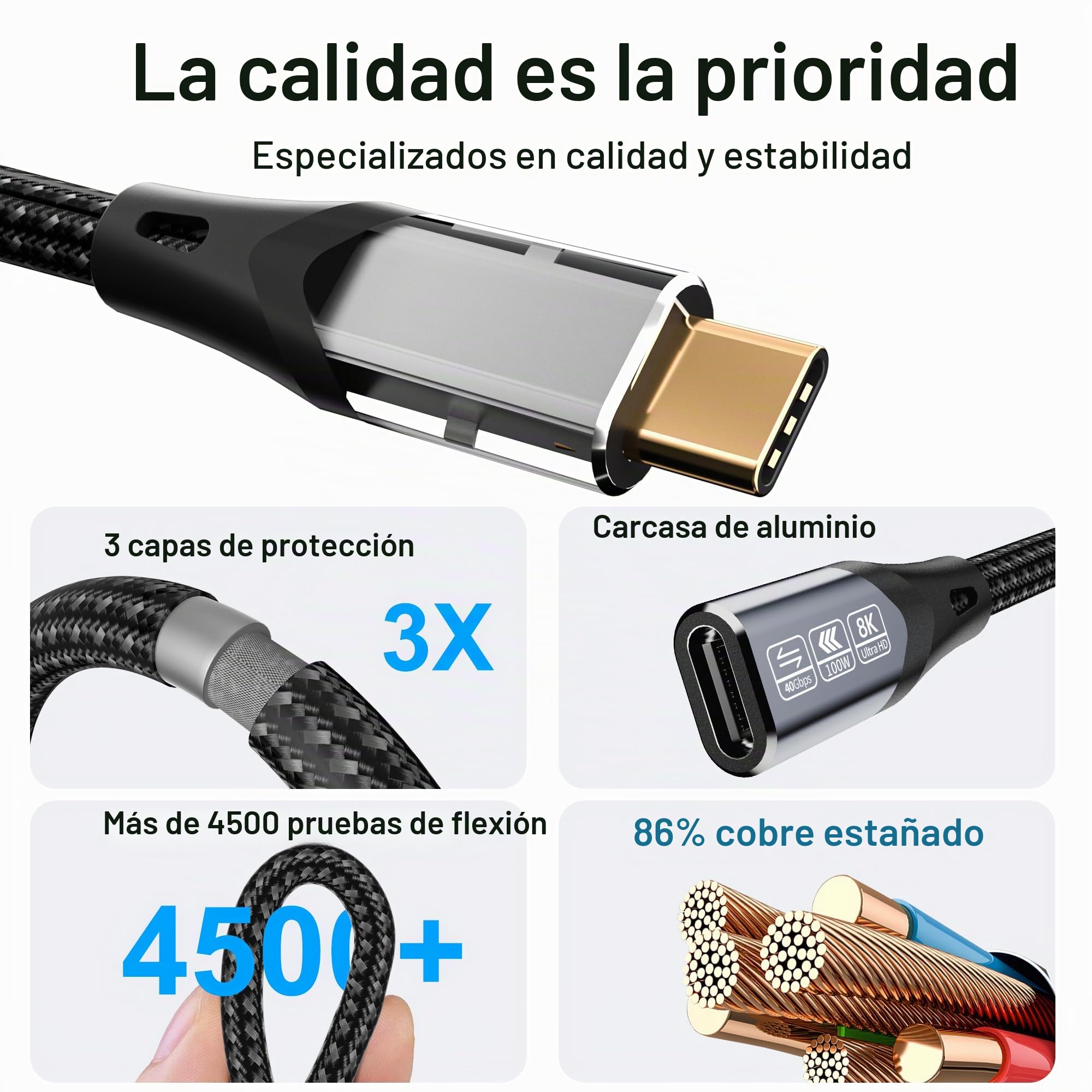 alargador tipo c 3m Compatible con alargador usb c thunderbolt 4,40Gbps cable usb c macho hembra 240W Carga 8K@60Hz Transmisión de Vídeo Compatible con Thunderbolt 3 extension