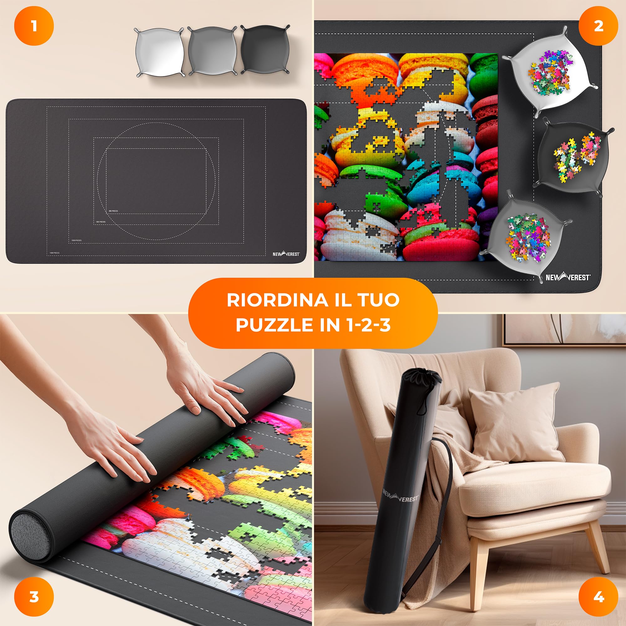 Tappetino Puzzle Newverest 117 × 66 cm, Design Arrotolabile Per Le Tue Serate Di Gioco, Fino a 1500 Pezzi, Poliestere Liscia con Base Antiscivolo, 3 Vassoi, Borsa con Cerniera