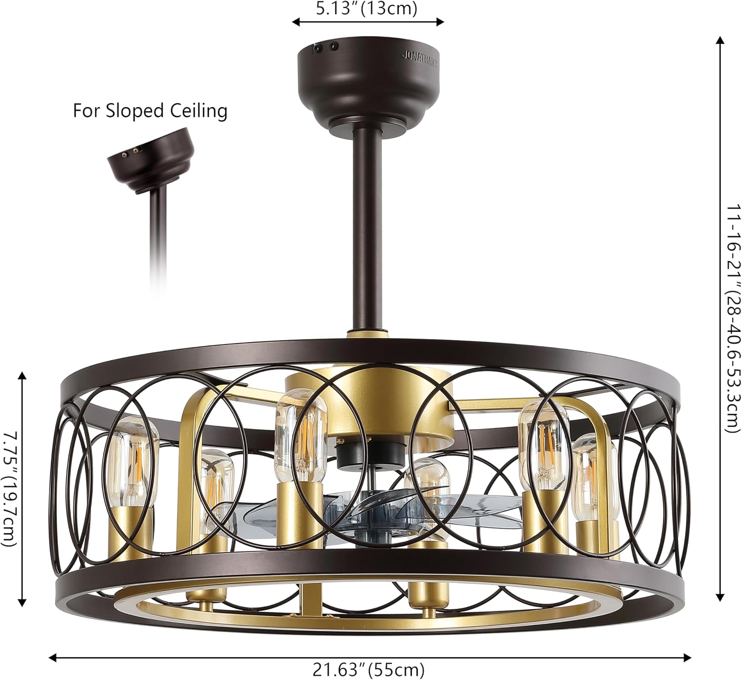 JONATHAN Y 21.6" Oil Rubbed Bronze/Gold Painting Caged Ceiling Fan with Lights, 6-Speed Industrial Farmhouse Flush Mount Fan with Remote and App Control, Metal Cage Shade, 6 LED Bulbs (JYL9732B)