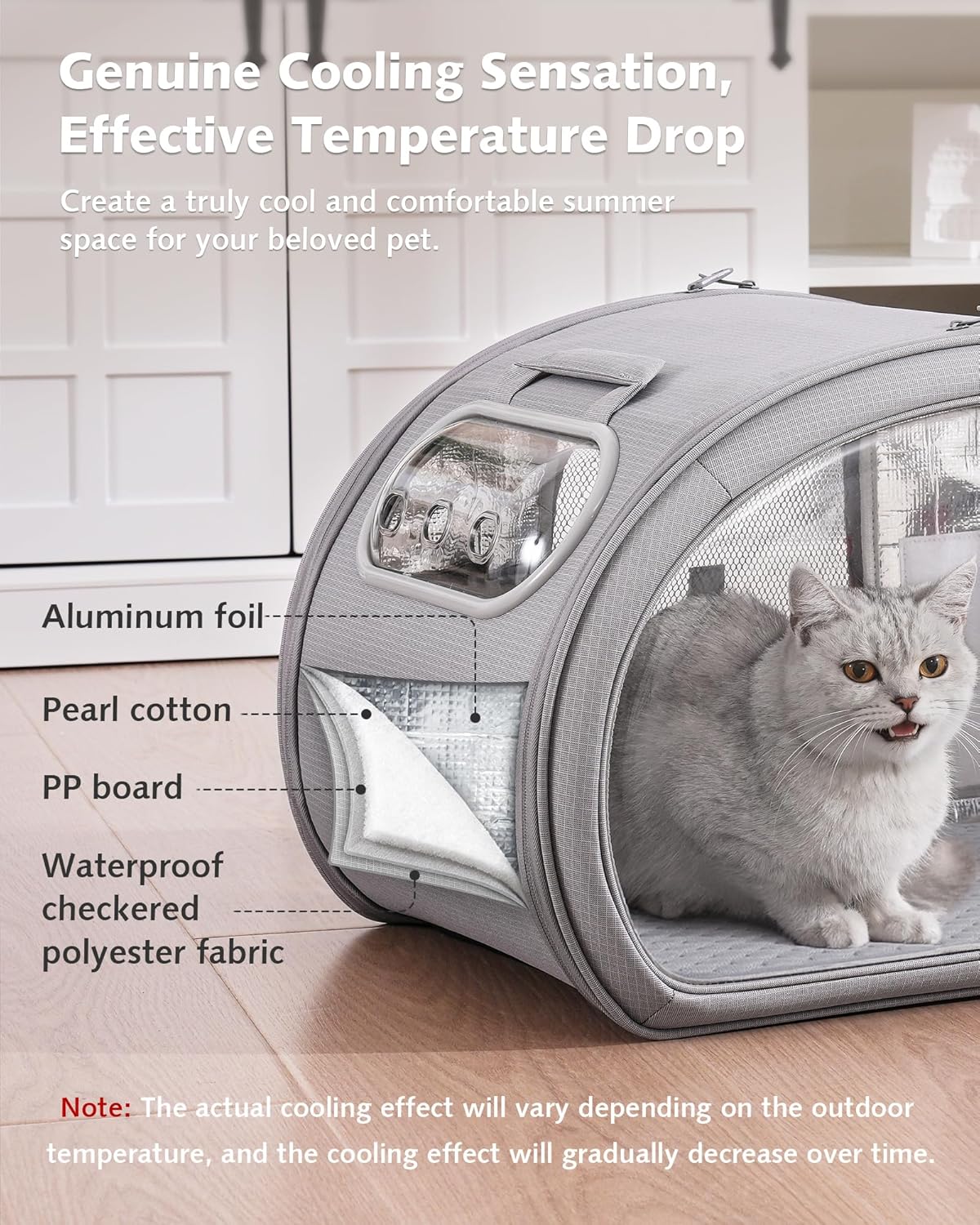 Pecute Cat Cooling House, with Cooling Mat for Small Dogs, Indoor Cat Bed with Insulation and 6 Built-in ice Packs, Foldable Transparent Window Outdoor Cat House for Small Pets Under 13.2lbs, M, Gray