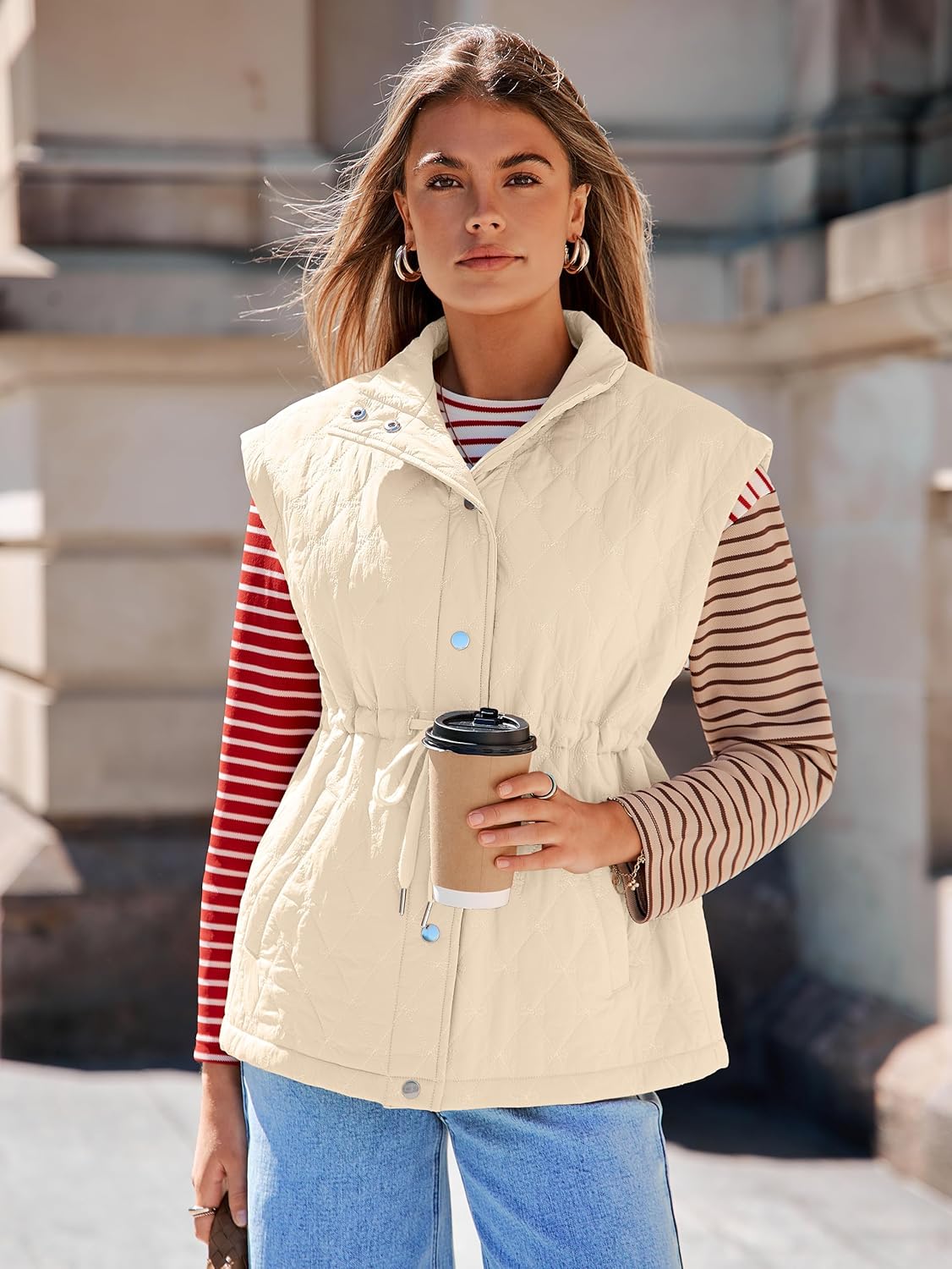 Glamaker レディース 軽量 パファーベスト カジュアル ルーズ ノースリーブ キルトジャケット ハイウエスト ドローストリン