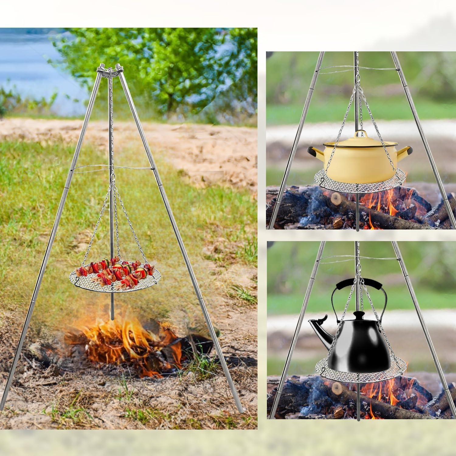YBTMG Camp Fire Tripod for Cooking, Stainless Steel Camping Fire Grill with Adjustable Chain, 13.78" Stainless Grill Grate for Camping Hiking BBQ