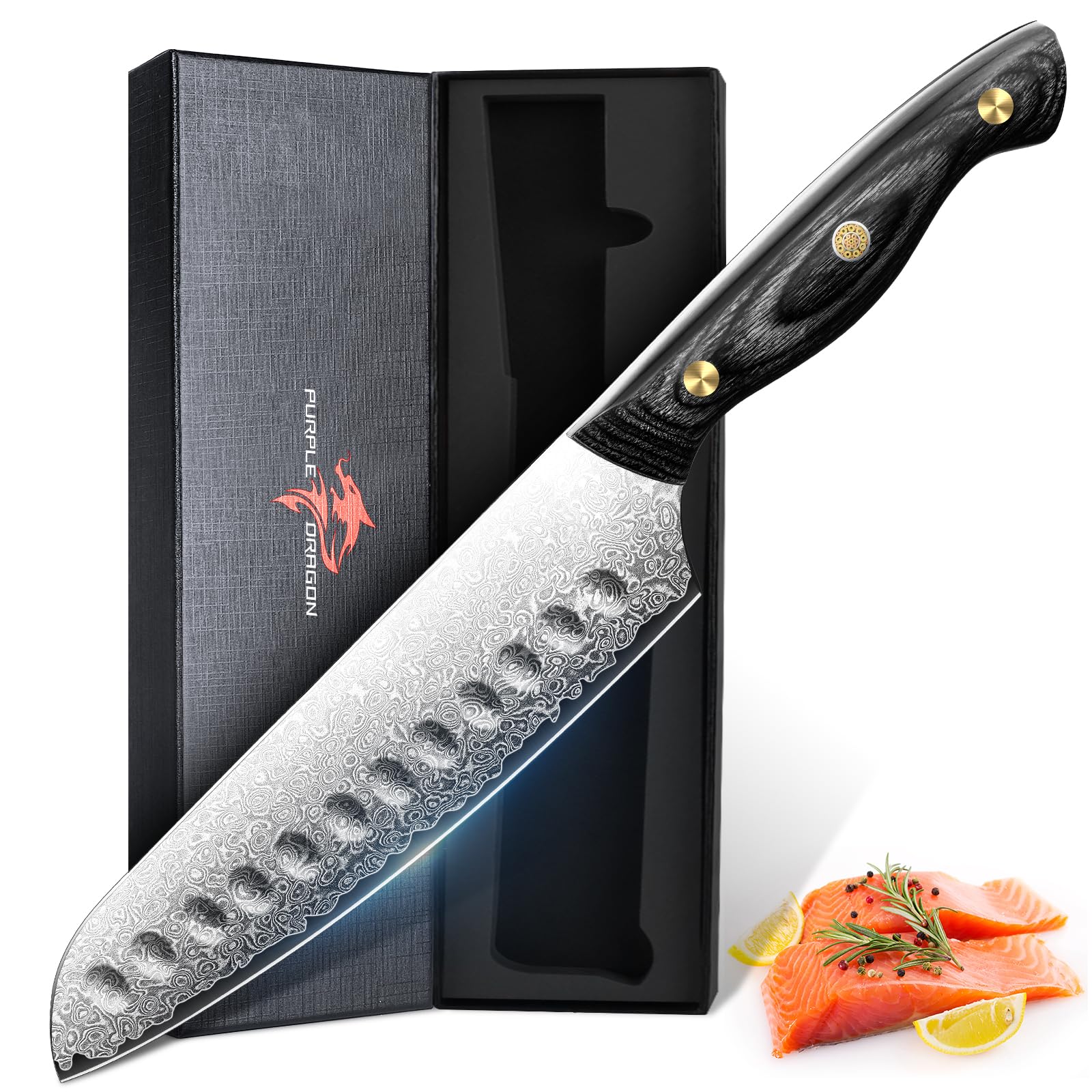 Purple Dragon Damast Santoku Messer - Küchenmesser mit VG10 Kernen und Holzgriff – Handgeschmiedetes Kochmesser für Fleisch, Gemüse -Geschenk für Männer und Frauen