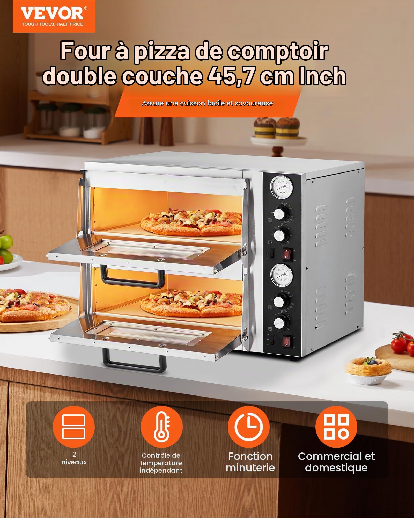 VEVOR 18 Inch Electric Pizza Oven Countertop Pizza Maker Indoor Pizza Machine 2 Levels with Independent Upper and Lower Temperature Control, Max Temperature 450℃ for Kitchen