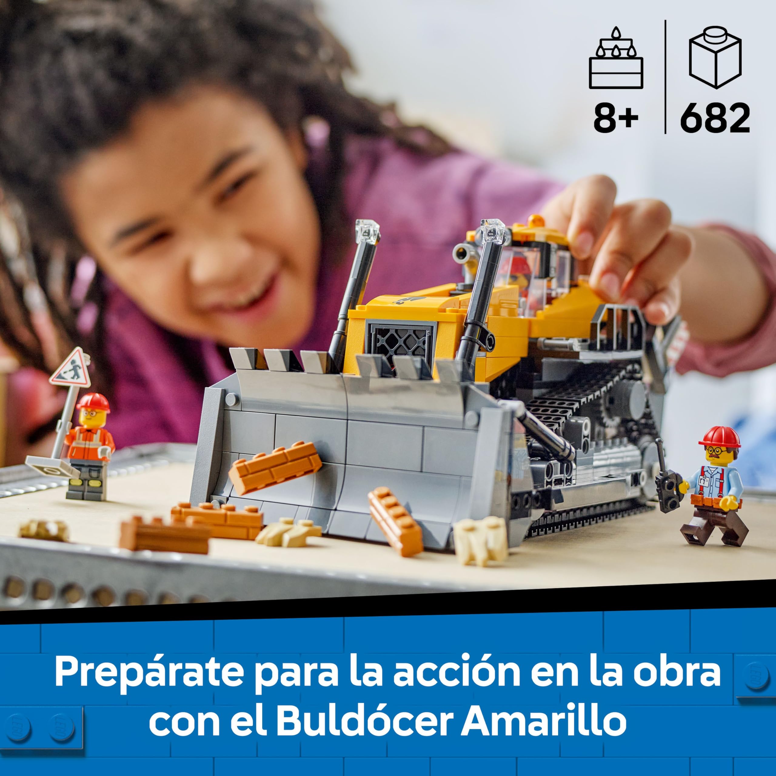 LEGO City Buldócer Amarillo - Vehículo de Obra de Juguete para Construir - 3 Minifiguras, Walkie-Talkie, Herramientas y Señales de Tráfico - Regalo de Cumpleaños para Niños de 8+ Años 60466