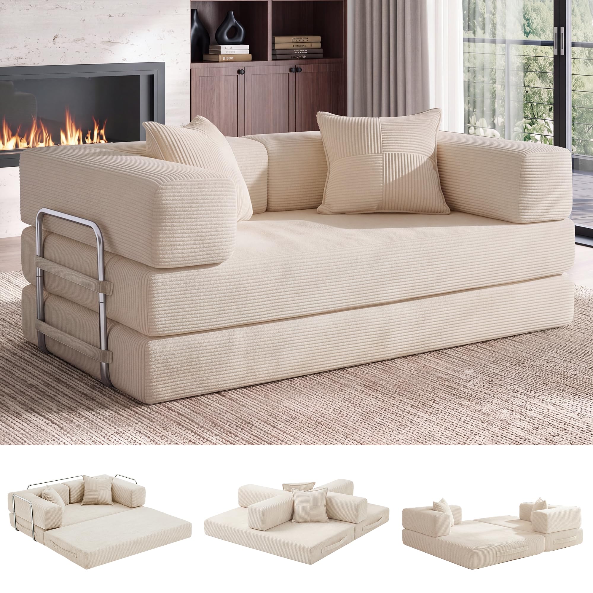 Vipbear Sofá Cama de Suelo 160cm,Plegable de Boneless de 2 plazas,Blanco | Desmontable,Plegable 5 en 1,Pana,Modular