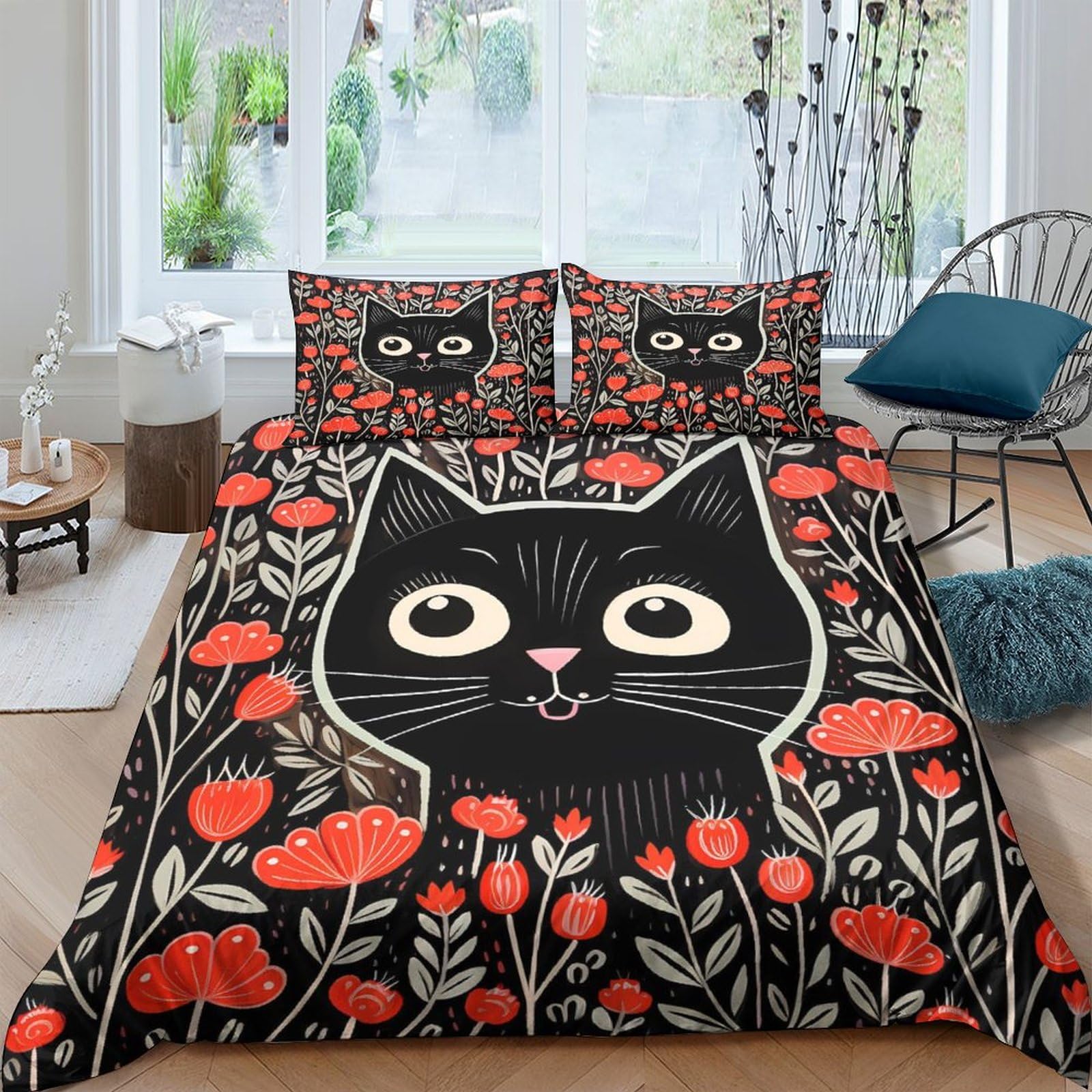 Housse de couette chat 220x240 parure de lit bohême fleurs 3 pièces pour adulte et enfant