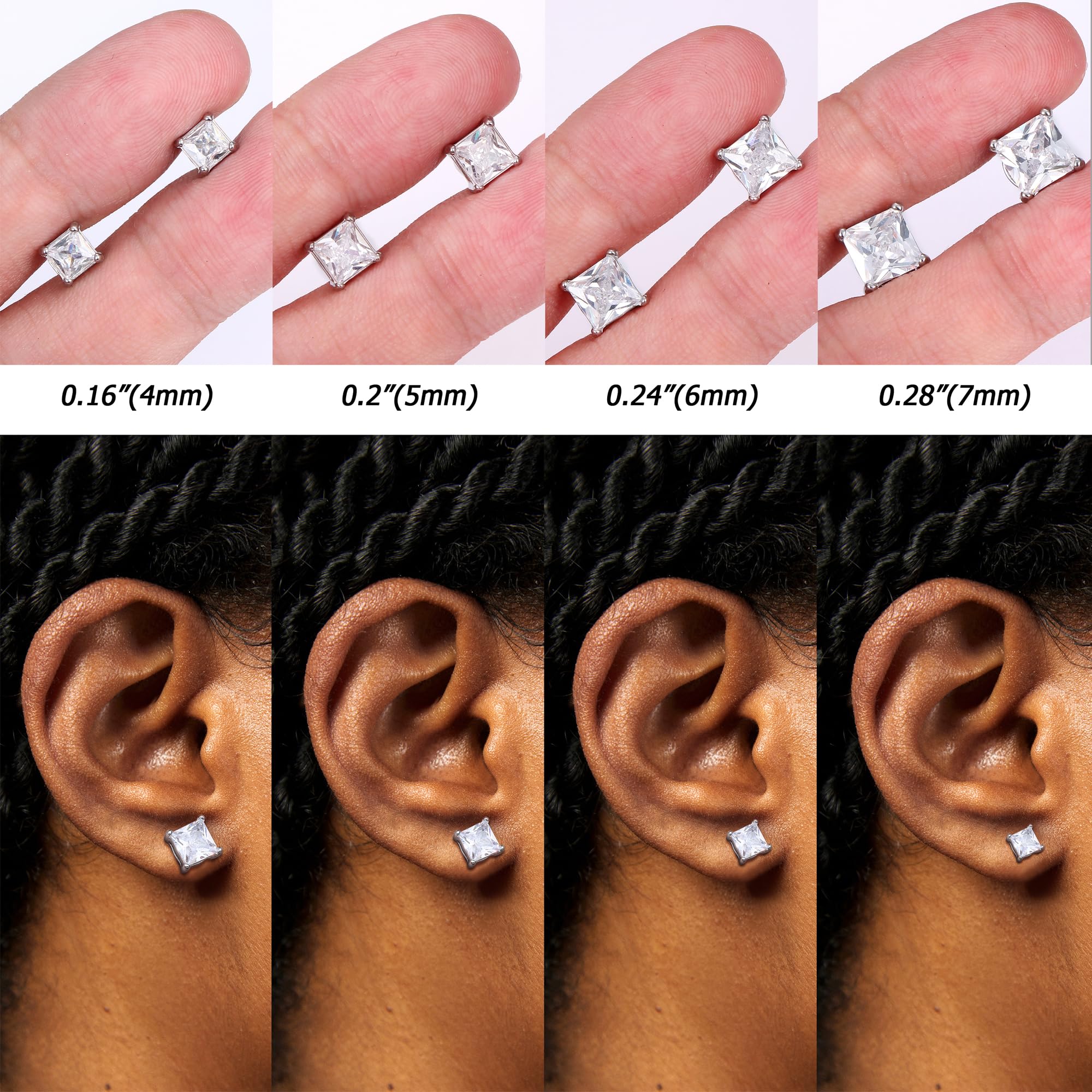 4 Paar magnetische Ohrstecker aus Edelstahl für Männer und Frauen, runde/quadratische CZ-eingelegte magnetische Ohrringe, Nicht durchdringende CZ-Ohrstecker zum Anklipsen, 3 Farben, 4–7 mm