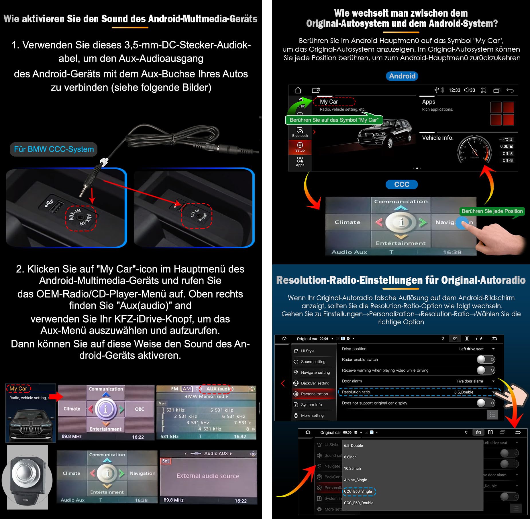 8,8" IPS Qualcomm 8-Kern Android 14 DAB+ Autoradio Für BMW 3er E90 E91 E92 E93 5er E60 E61 6er E63 E64 2005-2008 CCC GPS Navi CarPlay Android Auto WiFi Bluetooth 5.0 4GB+64GB DSP Canbus Idrive