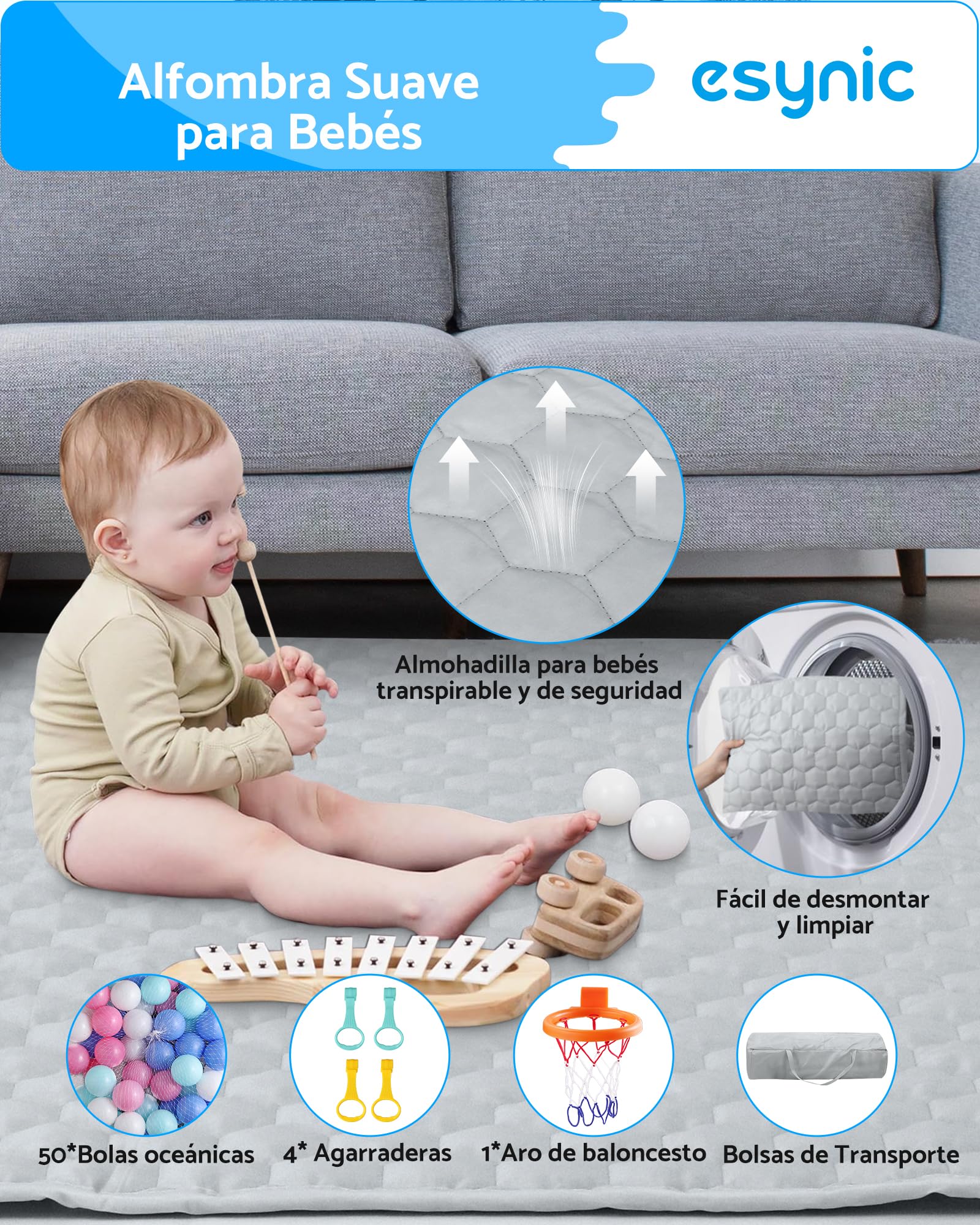 eSynic Corralito Bebé Portátil 127x127cm, Parque Infantil Plegable con Alfombrilla + 50 Bolas, Canasta Baloncesto, Malla Transpirable, 4 Agarraderas y Bolsa Transporte - Juegos Seguros para Bebés